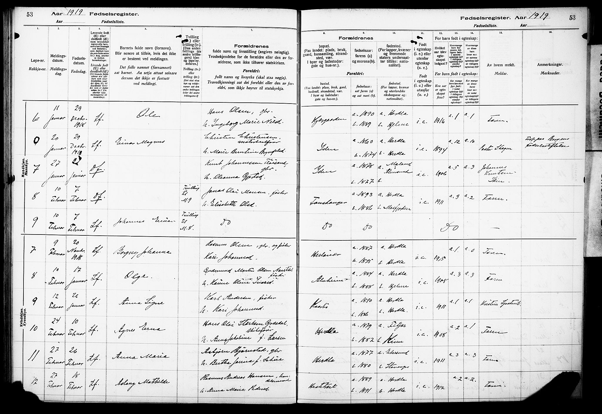Herdla Sokneprestembete, SAB/A-75701/I/Id/L00A1: Birth register no. A 1, 1916-1929, p. 53