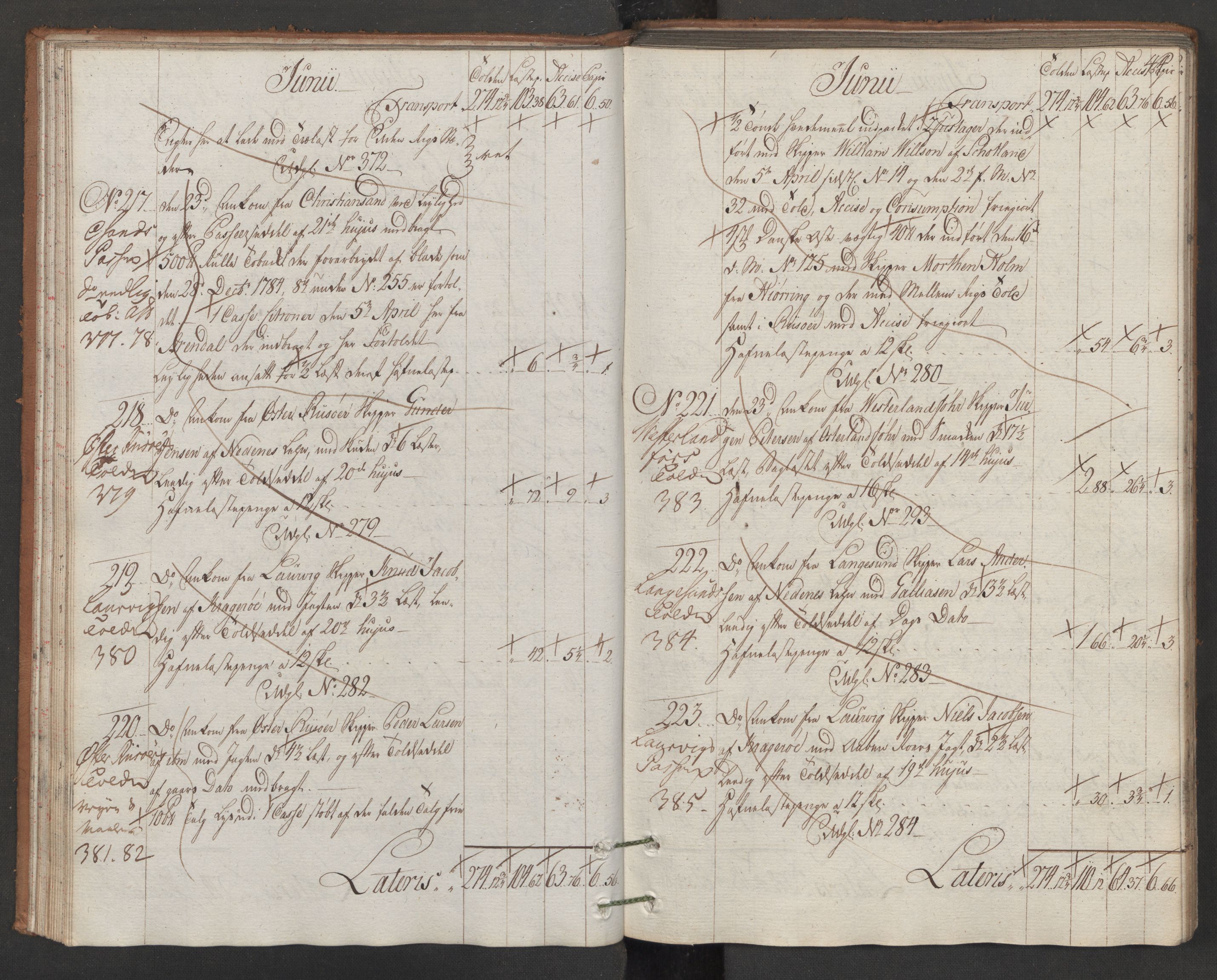 Generaltollkammeret, tollregnskaper, AV/RA-EA-5490/R15/L0105/0001: Tollregnskaper Arendal / Inngående hovedtollbok, 1786, p. 43b-44a