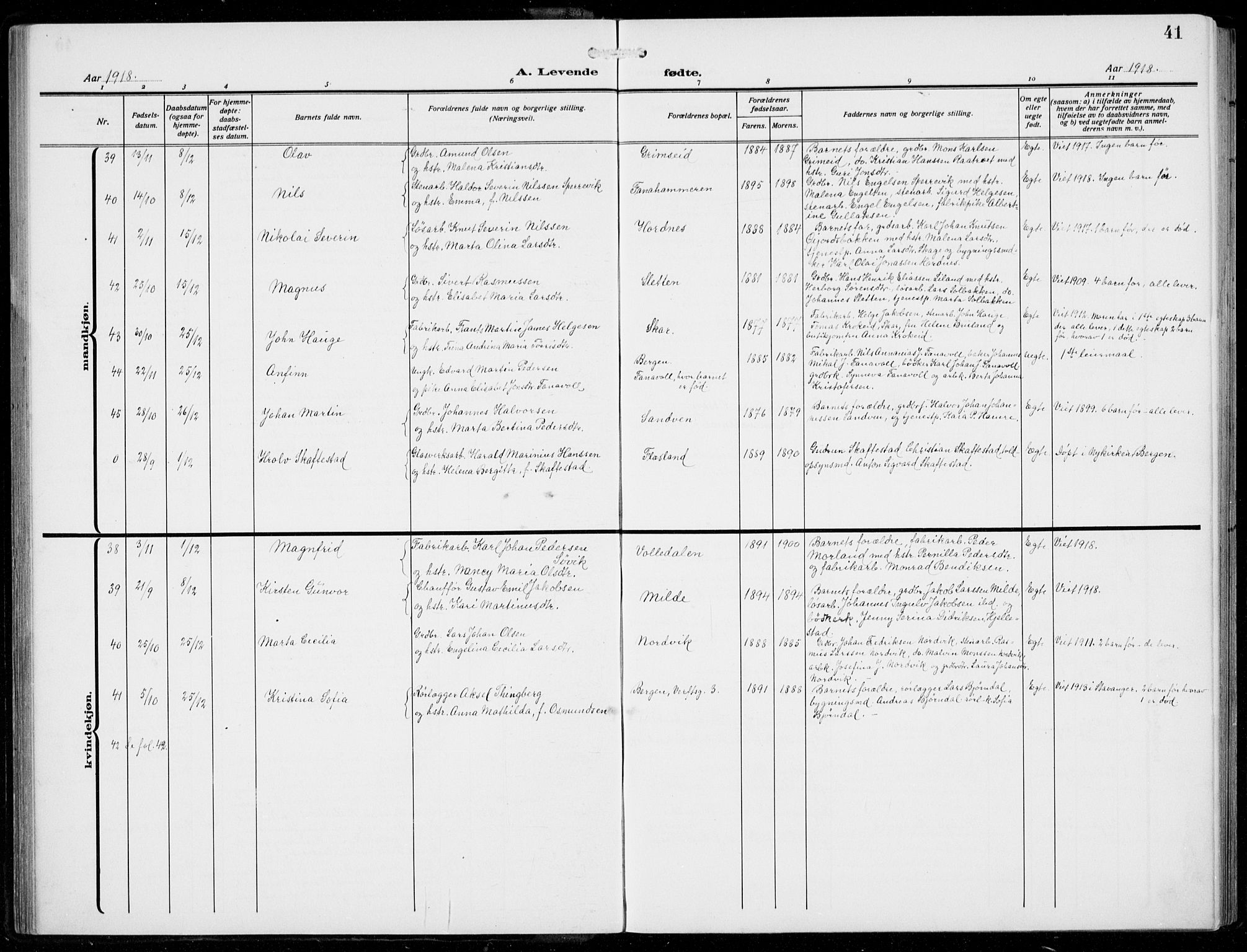 Fana Sokneprestembete, AV/SAB-A-75101/H/Hab/Haba/L0005: Parish register (copy) no. A 5, 1911-1932, p. 41