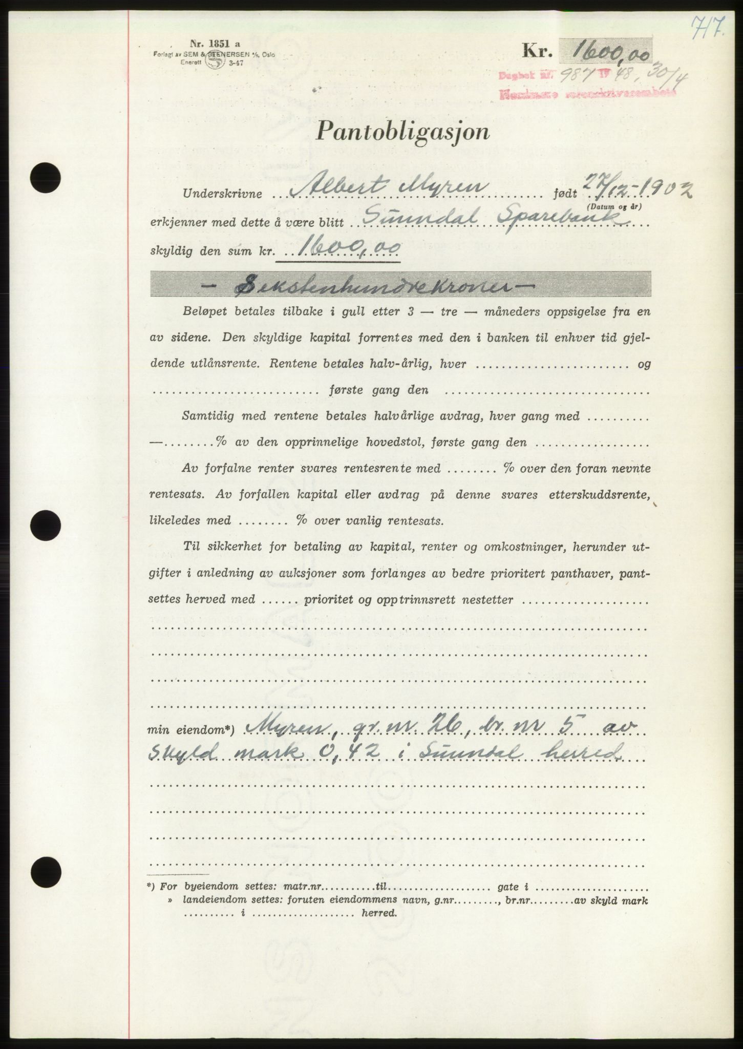 Nordmøre sorenskriveri, AV/SAT-A-4132/1/2/2Ca: Mortgage book no. B98, 1948-1948, Diary no: : 987/1948