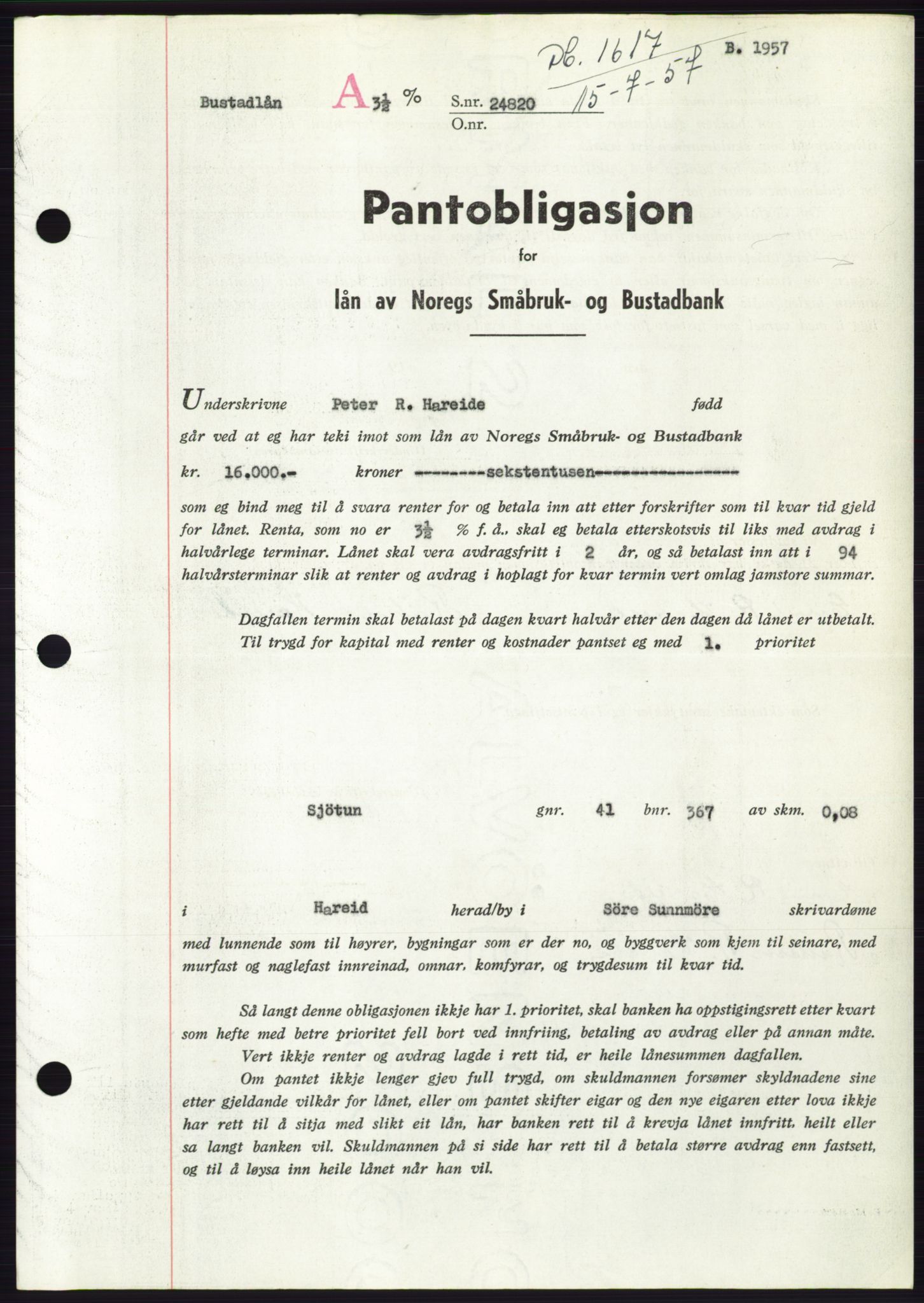 Søre Sunnmøre sorenskriveri, AV/SAT-A-4122/1/2/2C/L0130: Mortgage book no. 18B, 1957-1958, Diary no: : 1617/1957