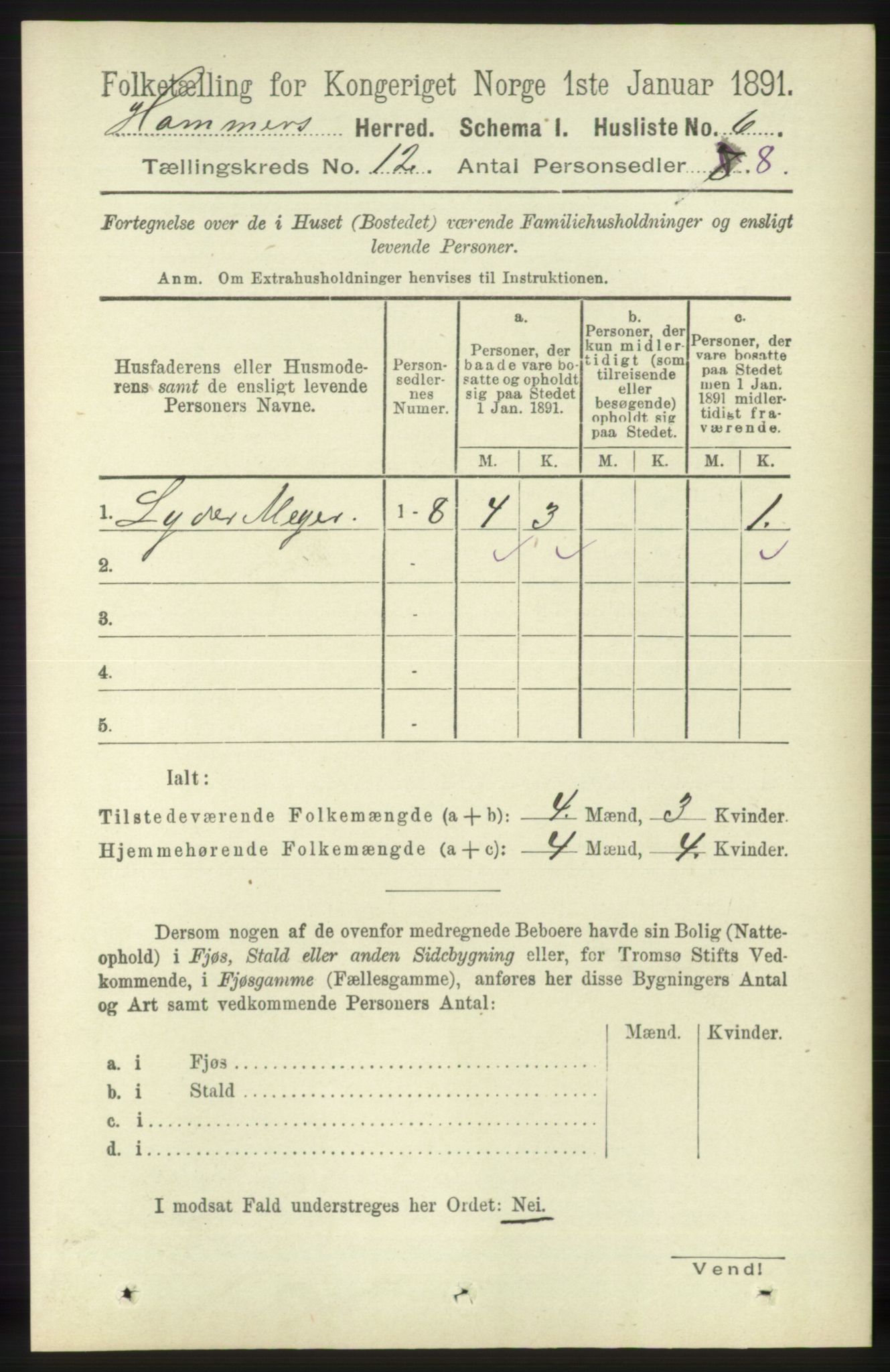 RA, 1891 census for 1254 Hamre, 1891, p. 3414