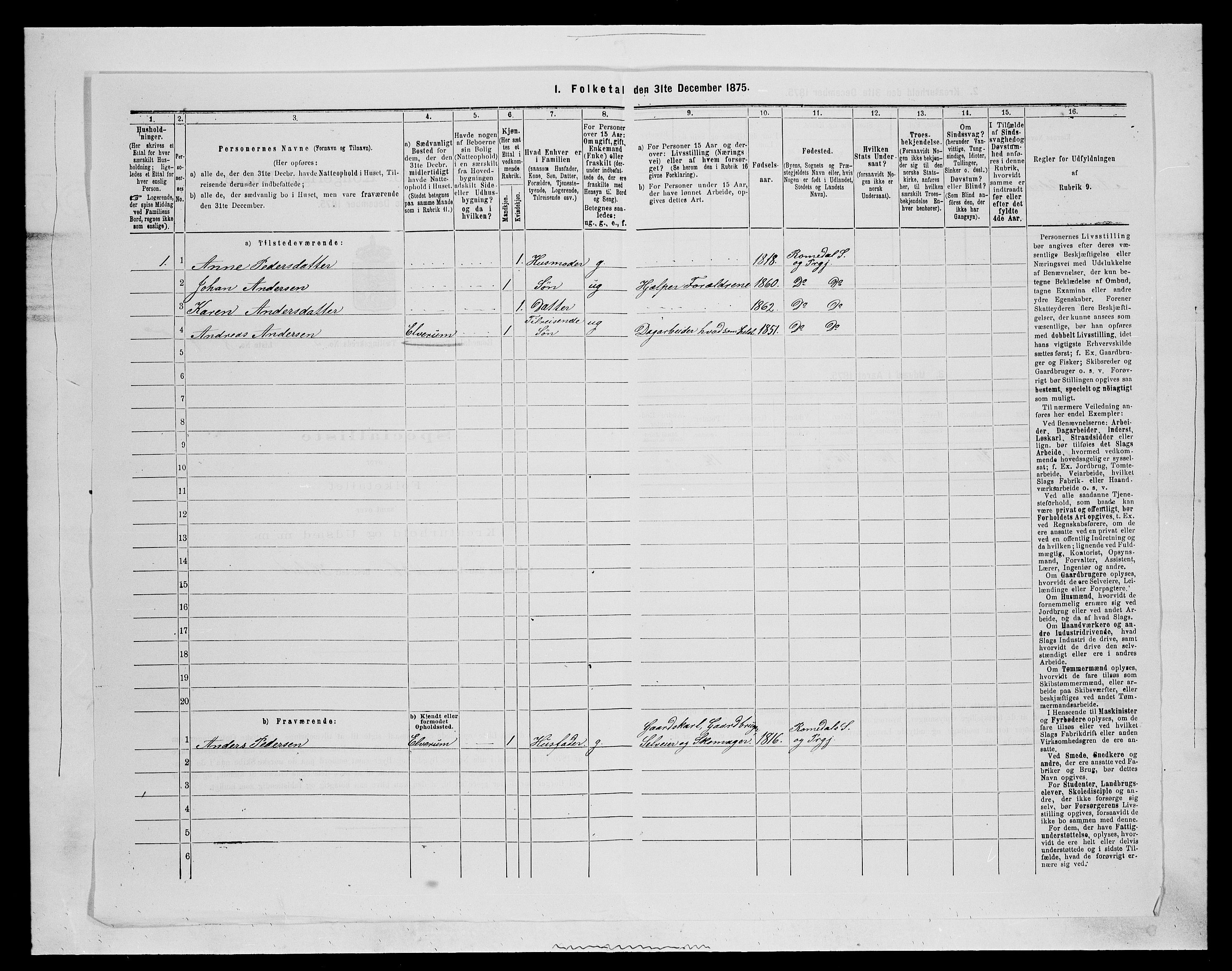 SAH, 1875 census for 0416P Romedal, 1875, p. 734