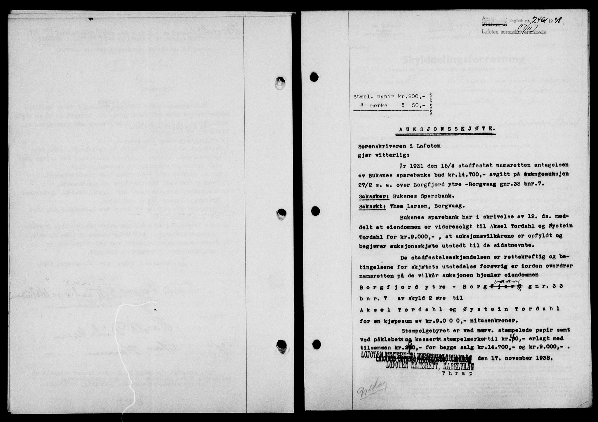 Lofoten sorenskriveri, SAT/A-0017/1/2/2C/L0004a: Mortgage book no. 4a, 1938-1938, Diary no: : 2461/1938