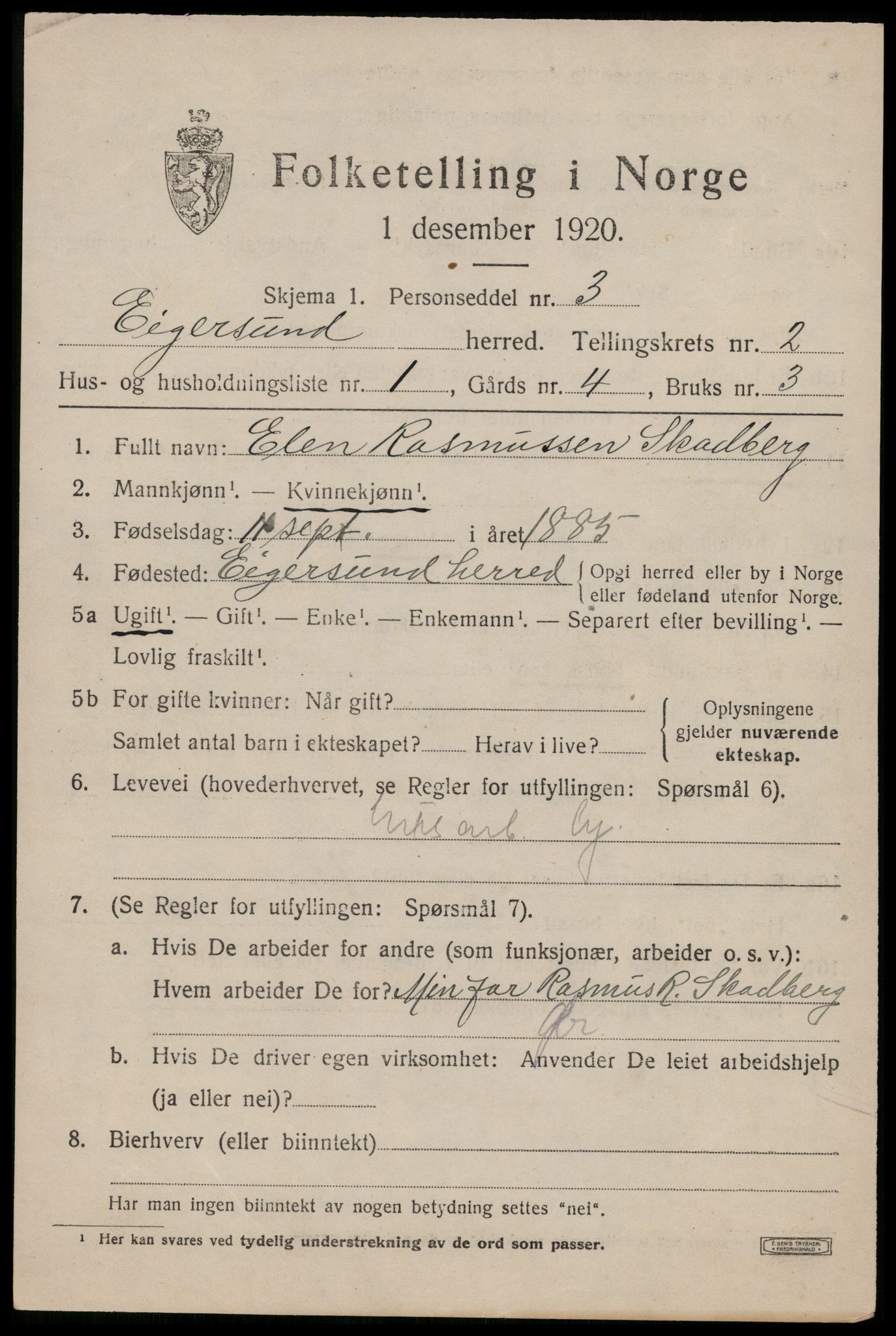 SAST, 1920 census for Eigersund, 1920, p. 1627