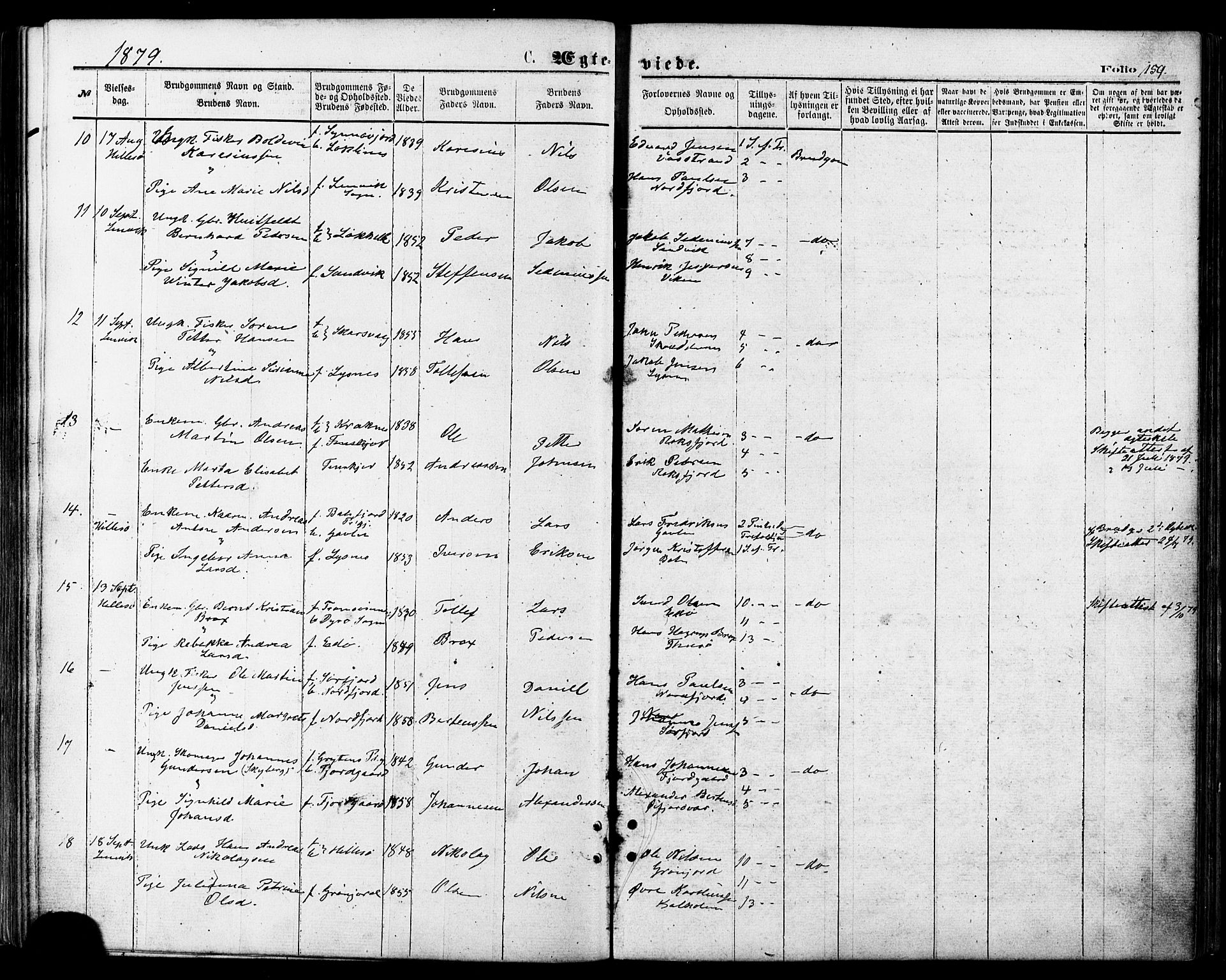 Lenvik sokneprestembete, AV/SATØ-S-1310/H/Ha/Haa/L0010kirke: Parish register (official) no. 10, 1873-1880, p. 159