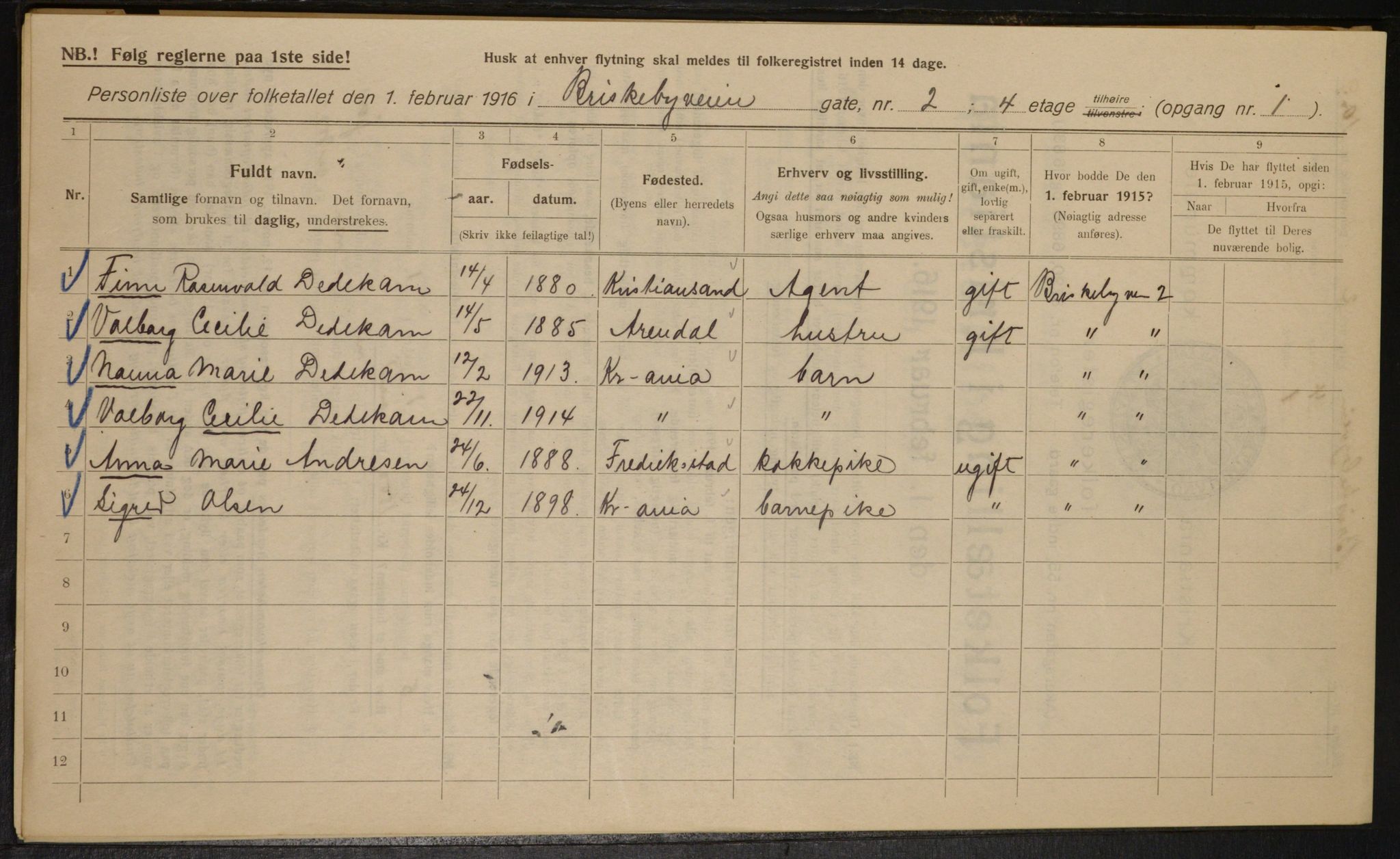 OBA, Municipal Census 1916 for Kristiania, 1916, p. 9296