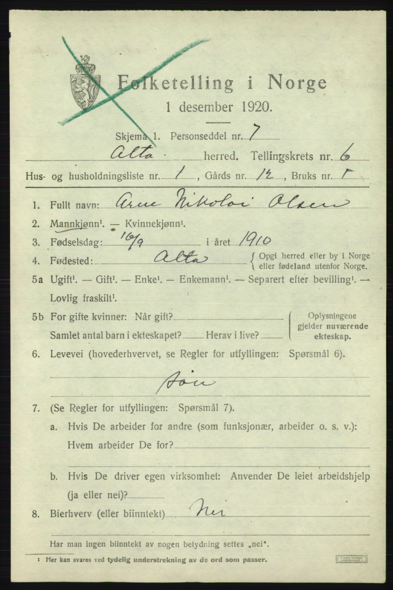 SATØ, 1920 census for Alta, 1920, p. 3897