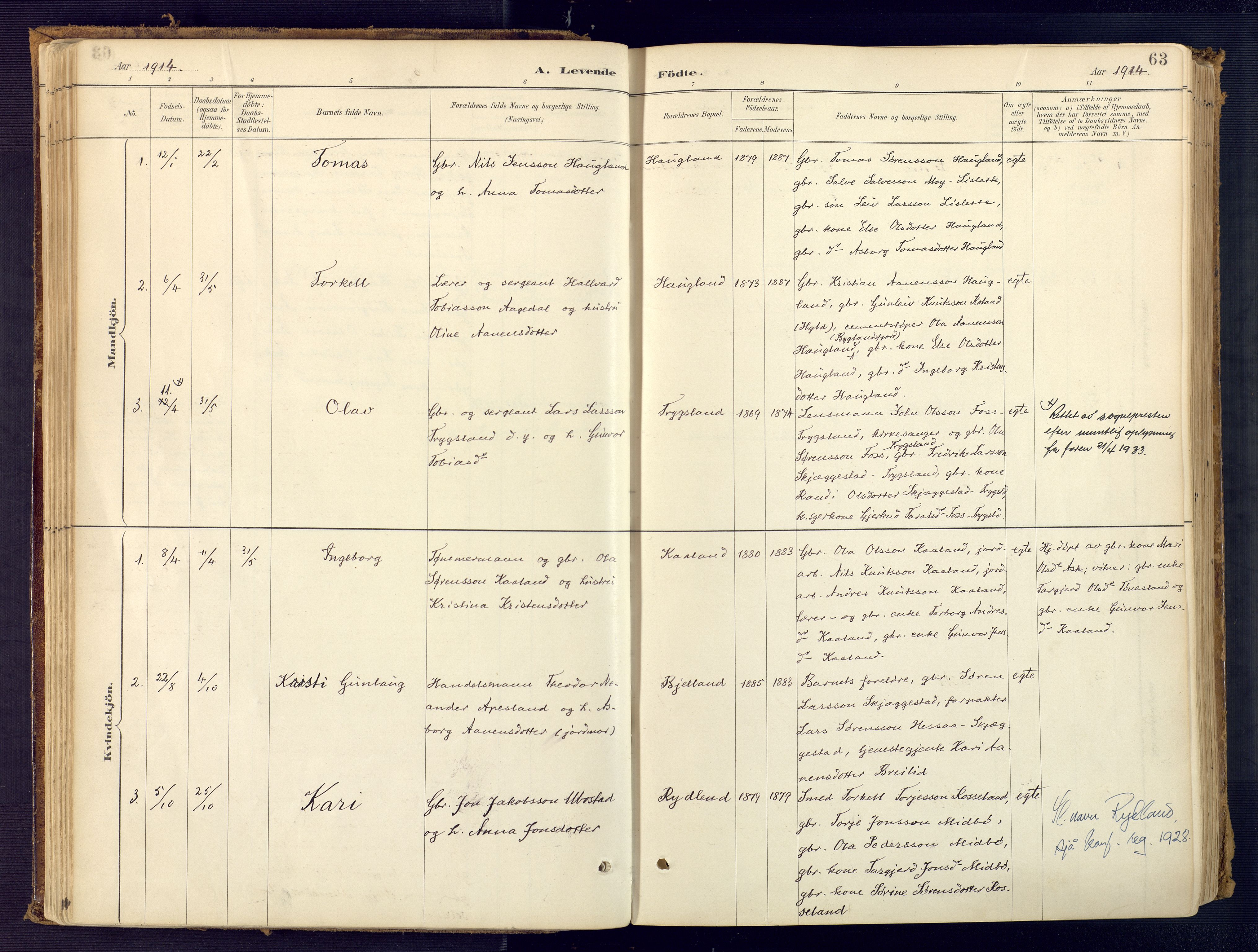 Bjelland sokneprestkontor, SAK/1111-0005/F/Fa/Faa/L0004: Parish register (official) no. A 4, 1887-1923, p. 63
