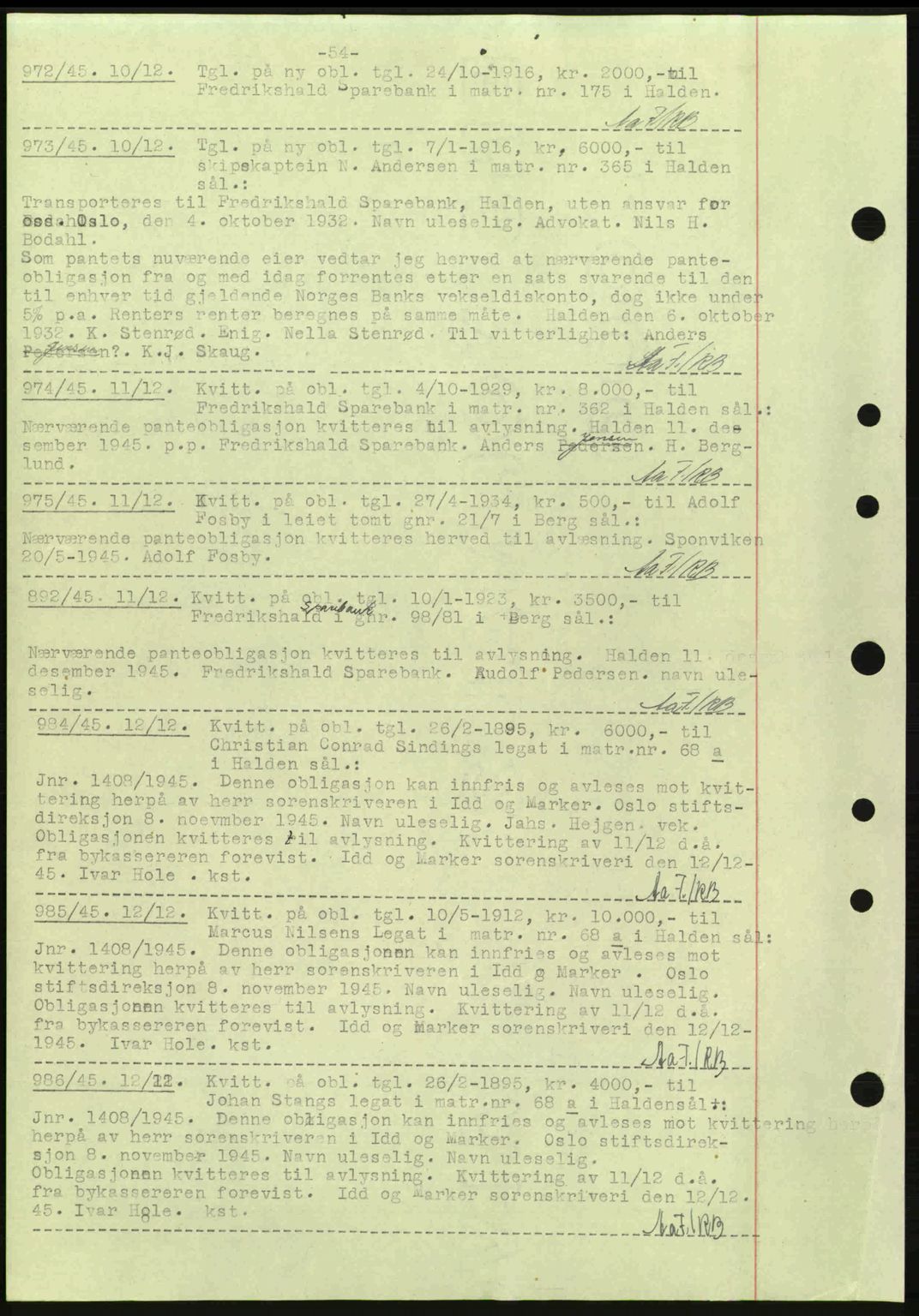 Idd og Marker sorenskriveri, AV/SAO-A-10283/G/Gb/Gbc/L0002: Mortgage book no. B4-9a, 1939-1945, Diary no: : 972/1945