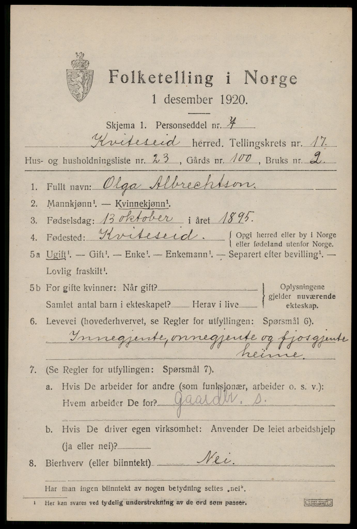 SAKO, 1920 census for Kviteseid, 1920, p. 7963
