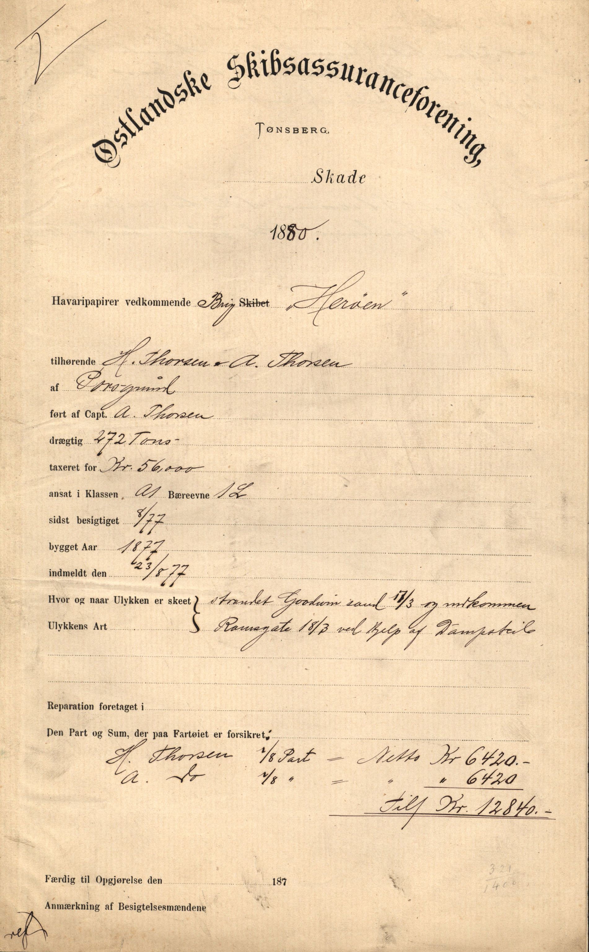 Pa 63 - Østlandske skibsassuranceforening, VEMU/A-1079/G/Ga/L0012/0007: Havaridokumenter / Herøen, 1880