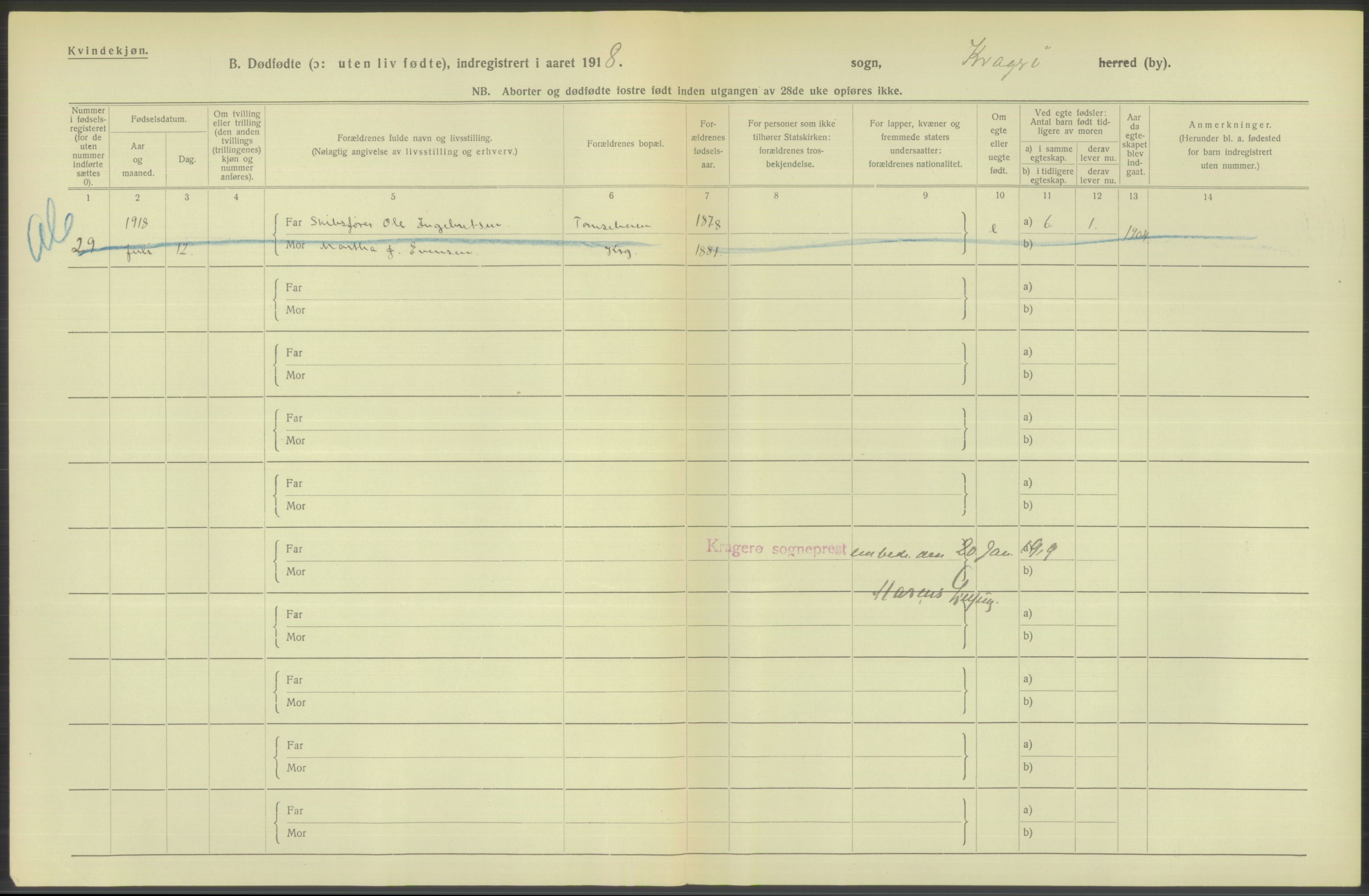 Statistisk sentralbyrå, Sosiodemografiske emner, Befolkning, AV/RA-S-2228/D/Df/Dfb/Dfbh/L0025: Telemark fylke: Gifte, dødfødte. Bygder og byer., 1918, p. 292