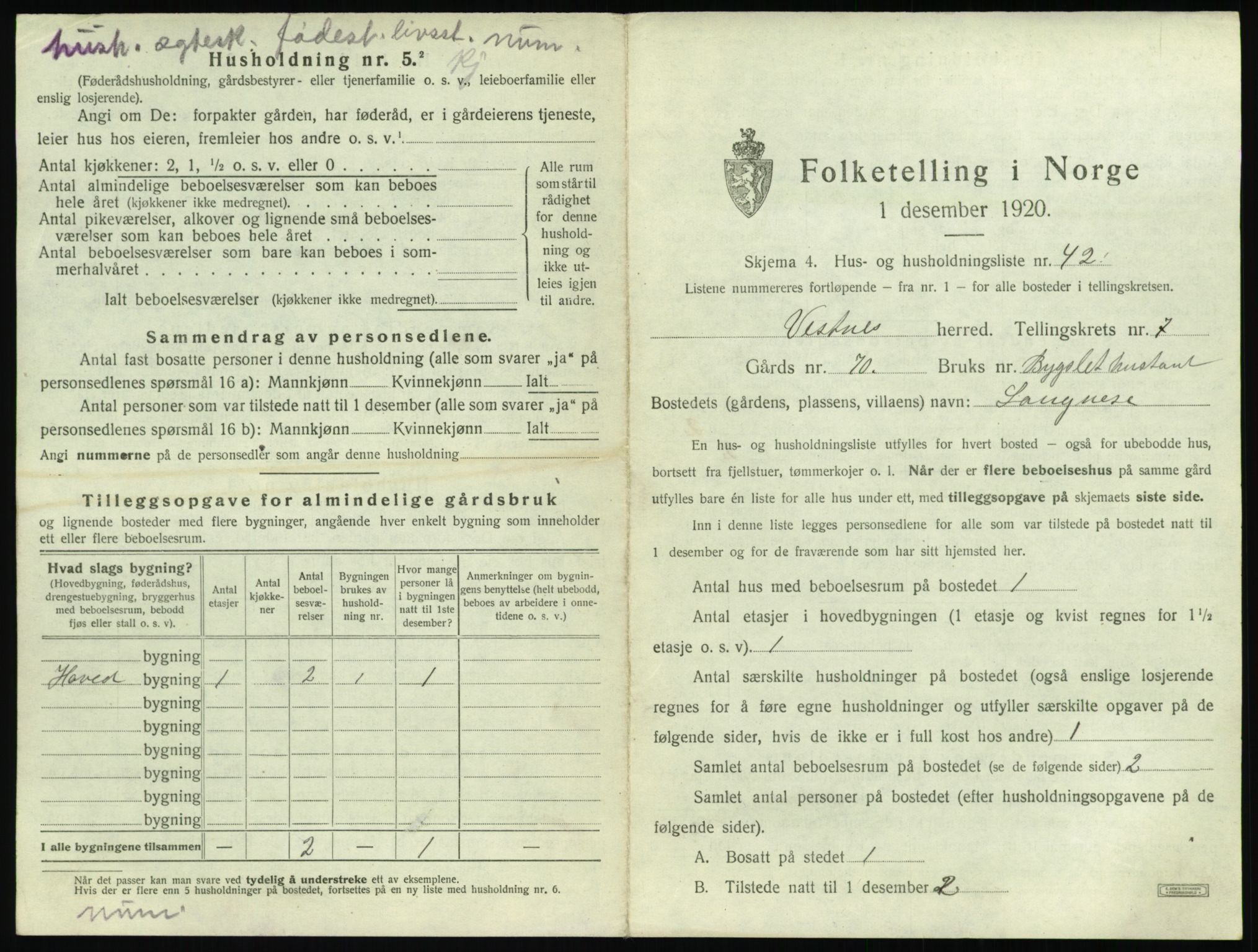 SAT, 1920 census for Vestnes, 1920, p. 861