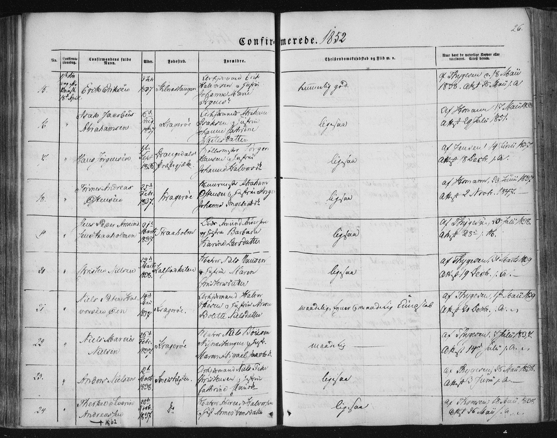 Kragerø kirkebøker, AV/SAKO-A-278/F/Fa/L0006: Parish register (official) no. 6, 1847-1861, p. 26