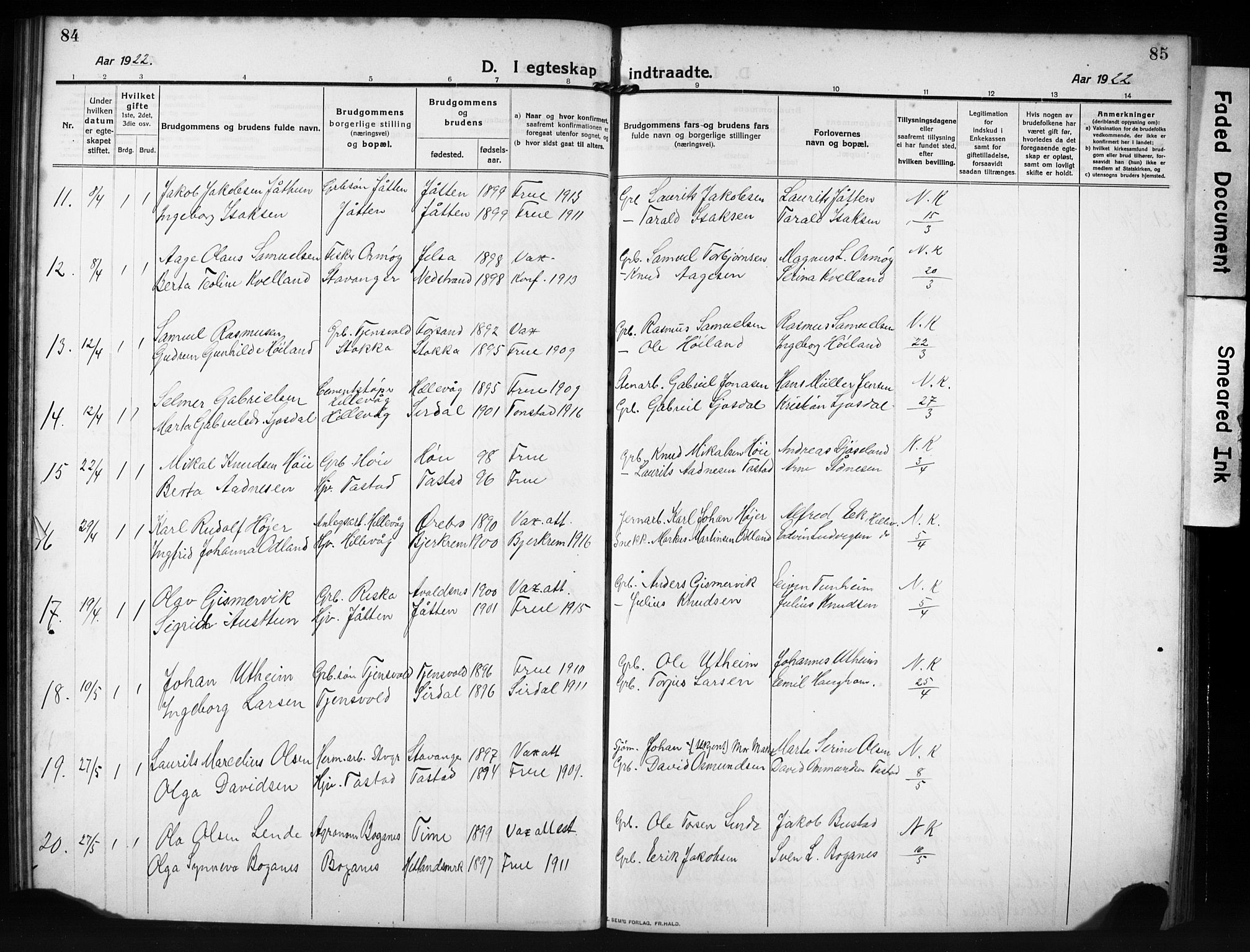 Hetland sokneprestkontor, AV/SAST-A-101826/30/30BB/L0009: Parish register (copy) no. B 9, 1910-1931, p. 84-85