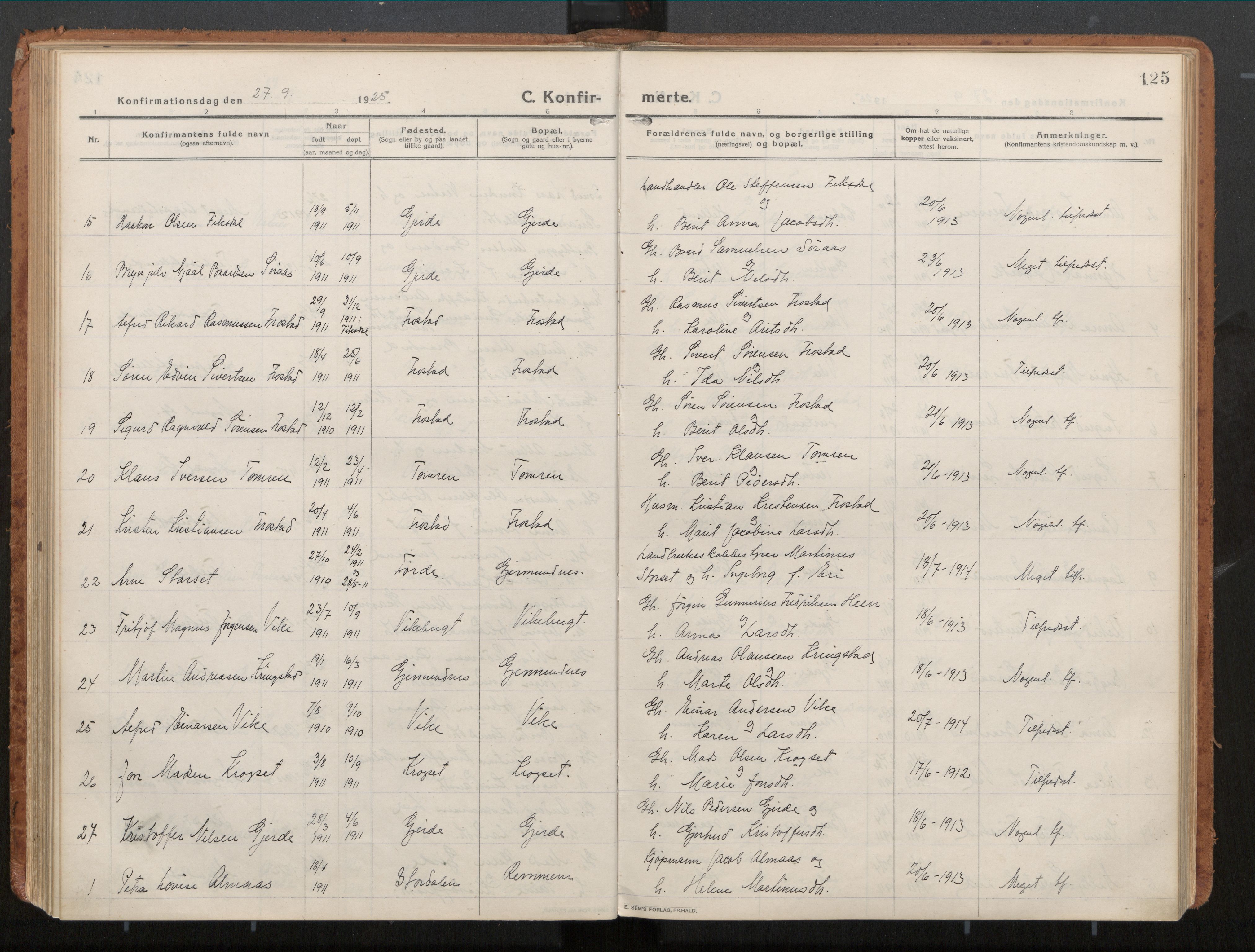 Ministerialprotokoller, klokkerbøker og fødselsregistre - Møre og Romsdal, SAT/A-1454/539/L0534a: Parish register (official) no. 539A08, 1912-1935, p. 125