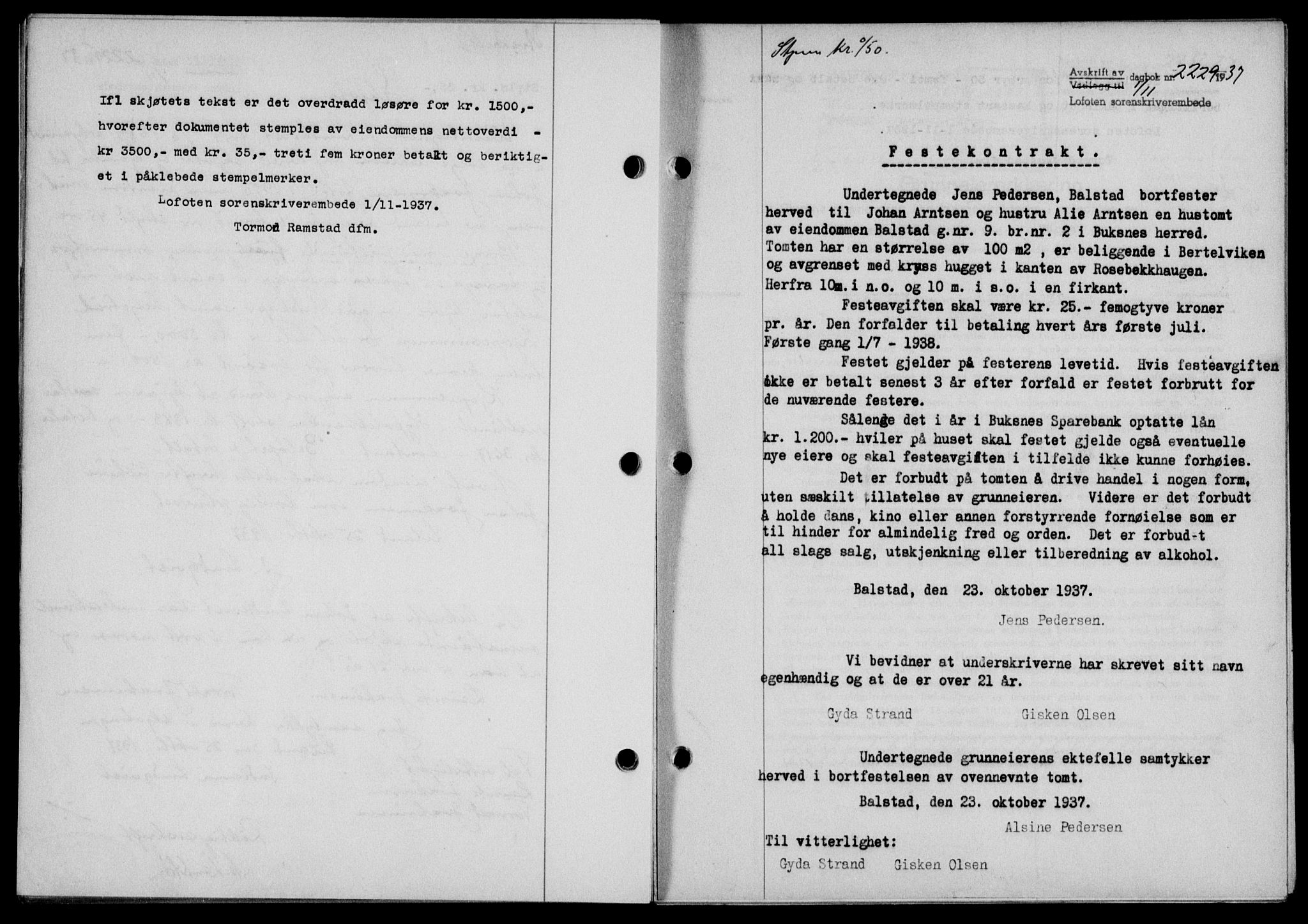 Lofoten sorenskriveri, SAT/A-0017/1/2/2C/L0003a: Mortgage book no. 3a, 1937-1938, Diary no: : 2229/1937