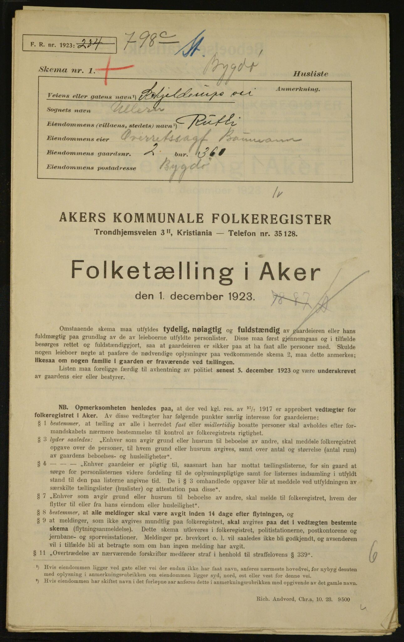 , Municipal Census 1923 for Aker, 1923, p. 4870