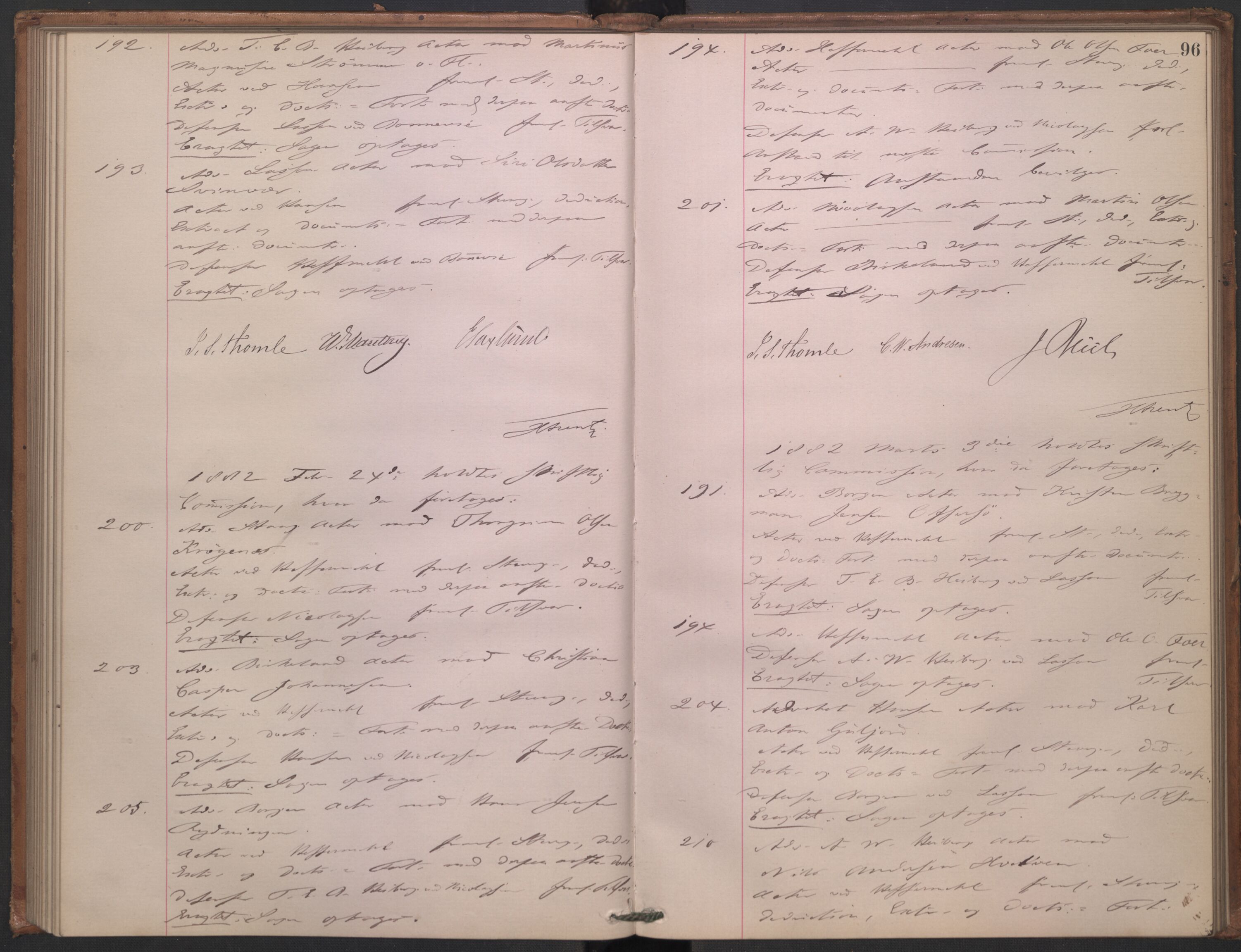 Høyesterett, AV/RA-S-1002/E/Ef/L0014: Protokoll over saker som gikk til skriftlig behandling, 1879-1884, p. 95b-96a