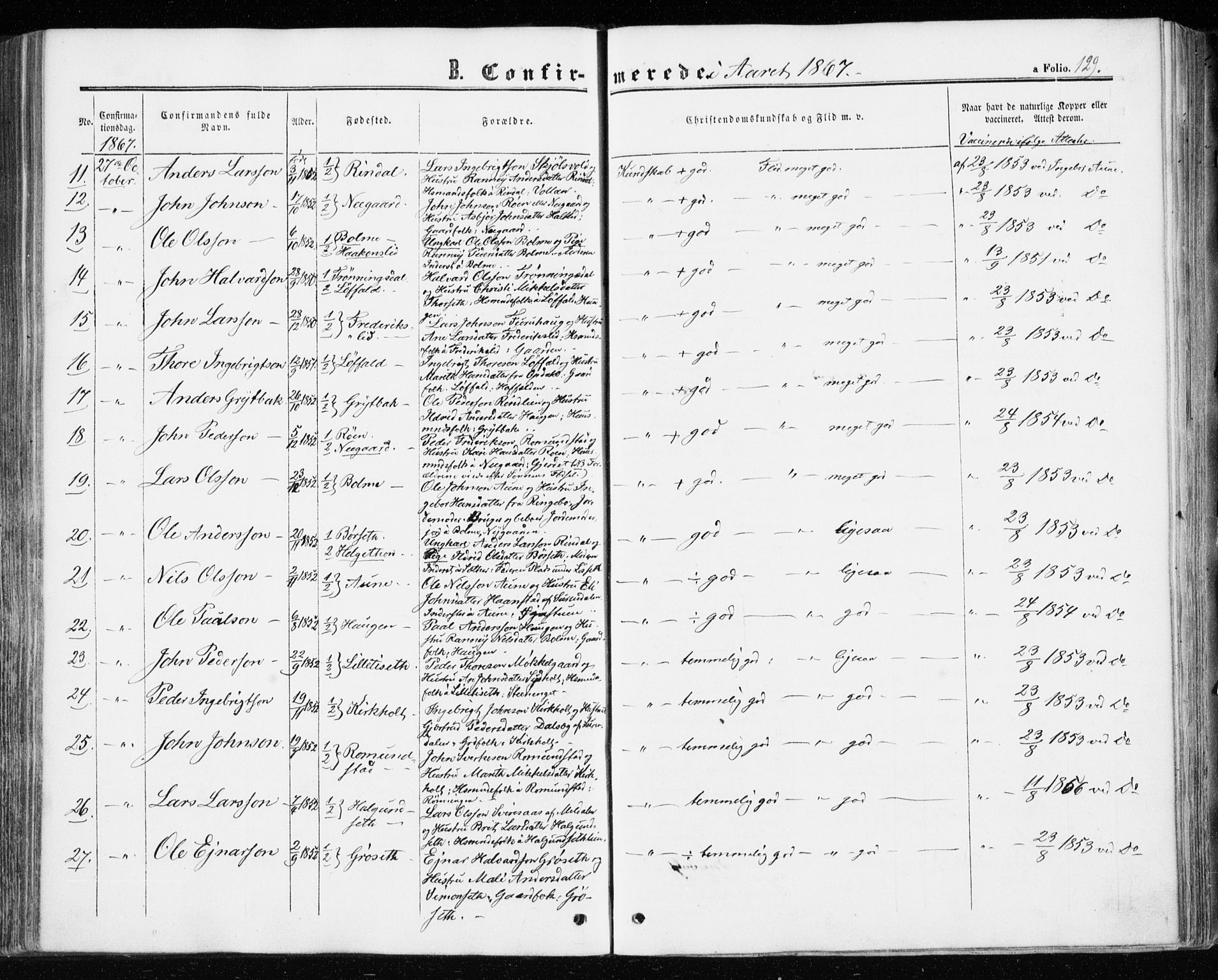 Ministerialprotokoller, klokkerbøker og fødselsregistre - Møre og Romsdal, SAT/A-1454/598/L1067: Parish register (official) no. 598A01, 1858-1871, p. 129