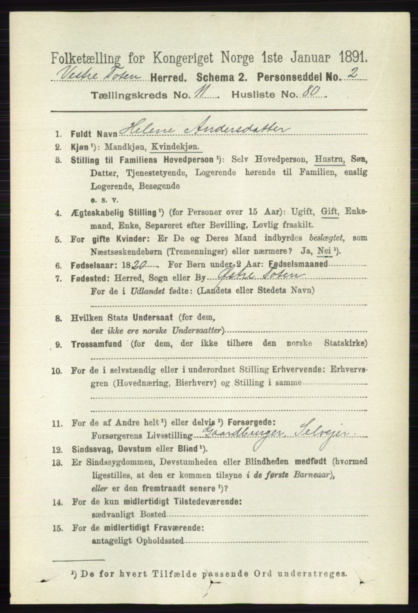 RA, 1891 census for 0529 Vestre Toten, 1891, p. 7189