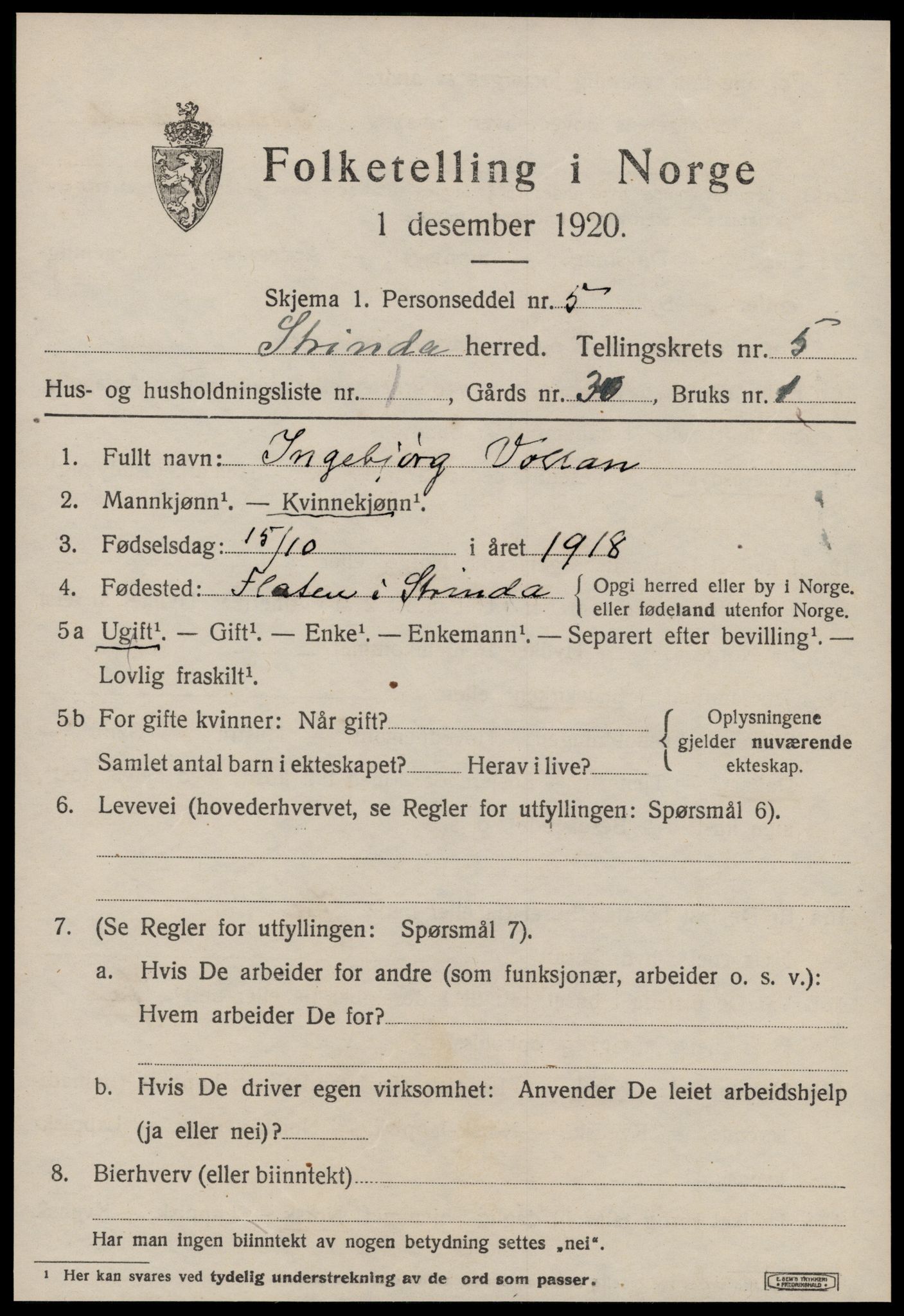 SAT, 1920 census for Strinda, 1920, p. 14152