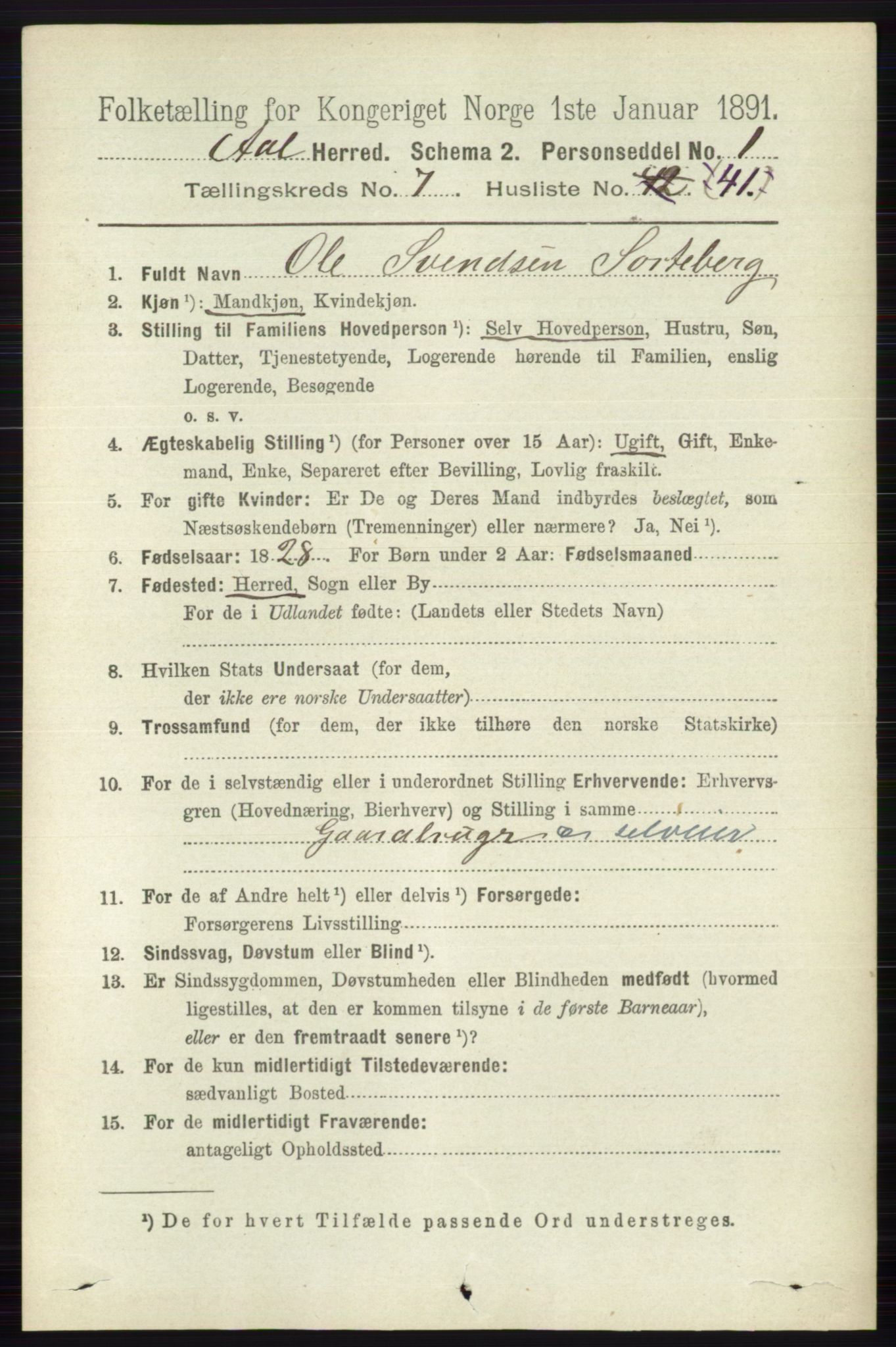 RA, 1891 census for 0619 Ål, 1891, p. 2014