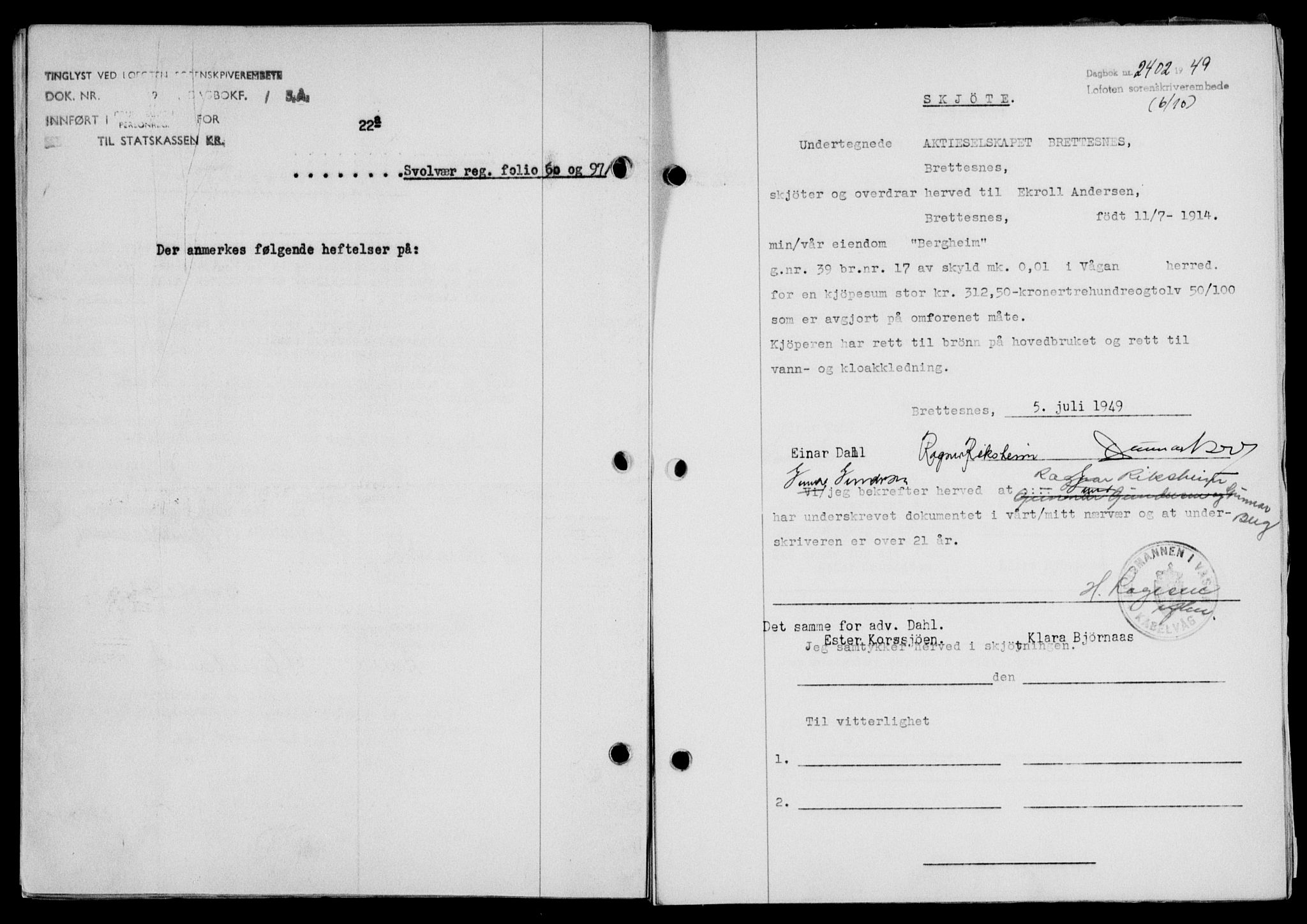 Lofoten sorenskriveri, SAT/A-0017/1/2/2C/L0022a: Mortgage book no. 22a, 1949-1950, Diary no: : 2402/1949