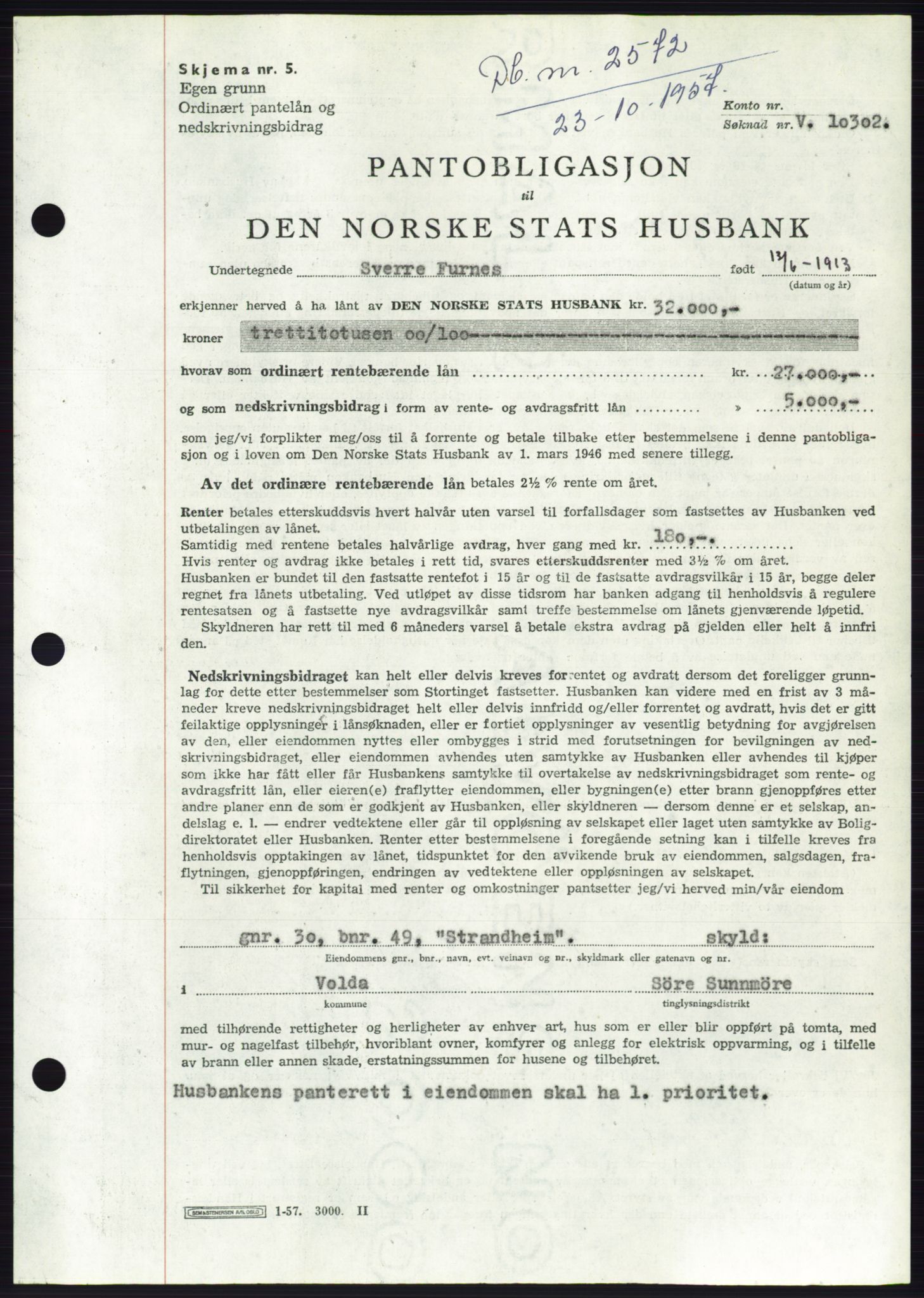 Søre Sunnmøre sorenskriveri, AV/SAT-A-4122/1/2/2C/L0130: Mortgage book no. 18B, 1957-1958, Diary no: : 2572/1957