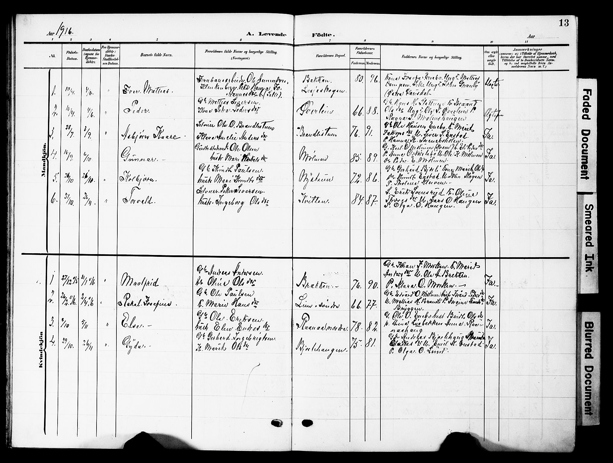 Lesja prestekontor, AV/SAH-PREST-068/H/Ha/Hab/L0008: Parish register (copy) no. 8, 1905-1931, p. 13