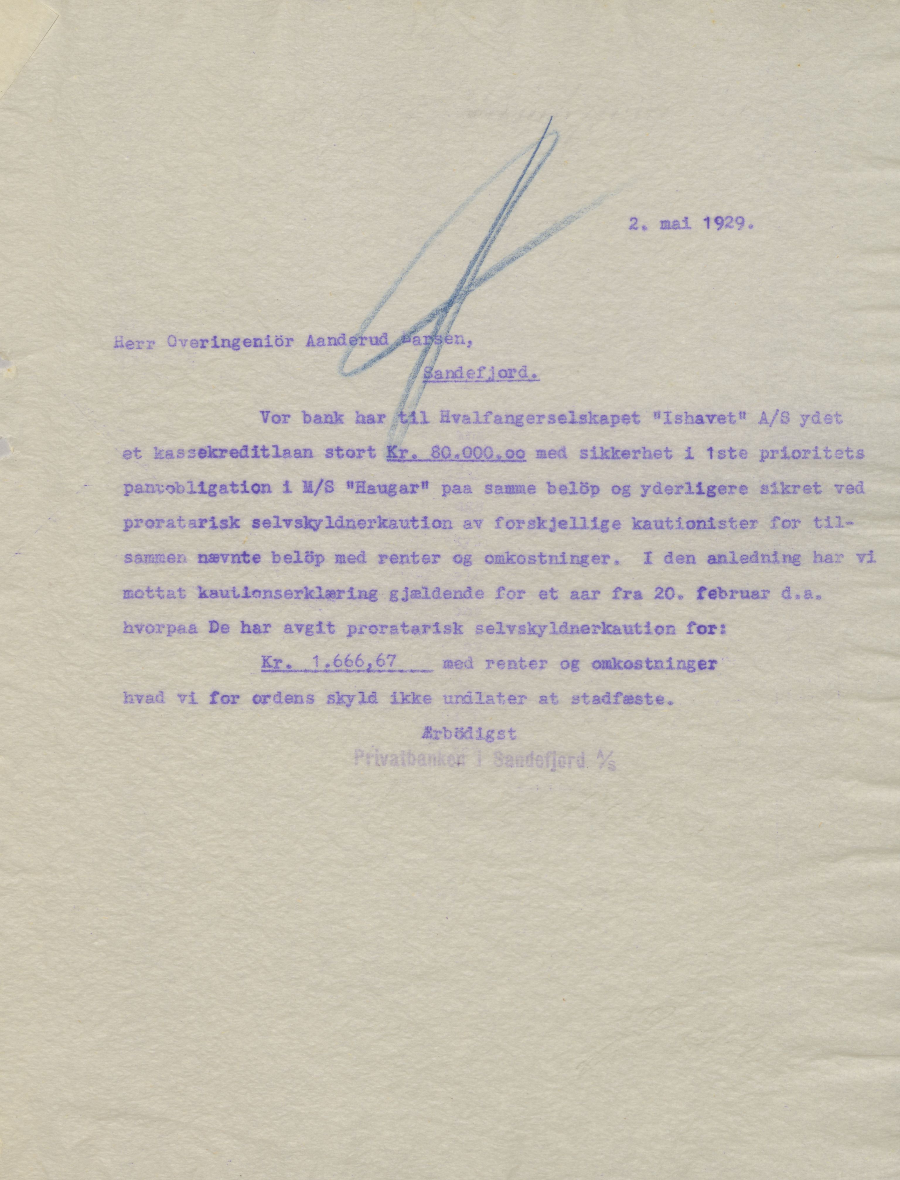 Privatbanken i Sandefjord AS, VEMU/ARS-A-1256/B/Ba/L0002: Kopibok, 1929
