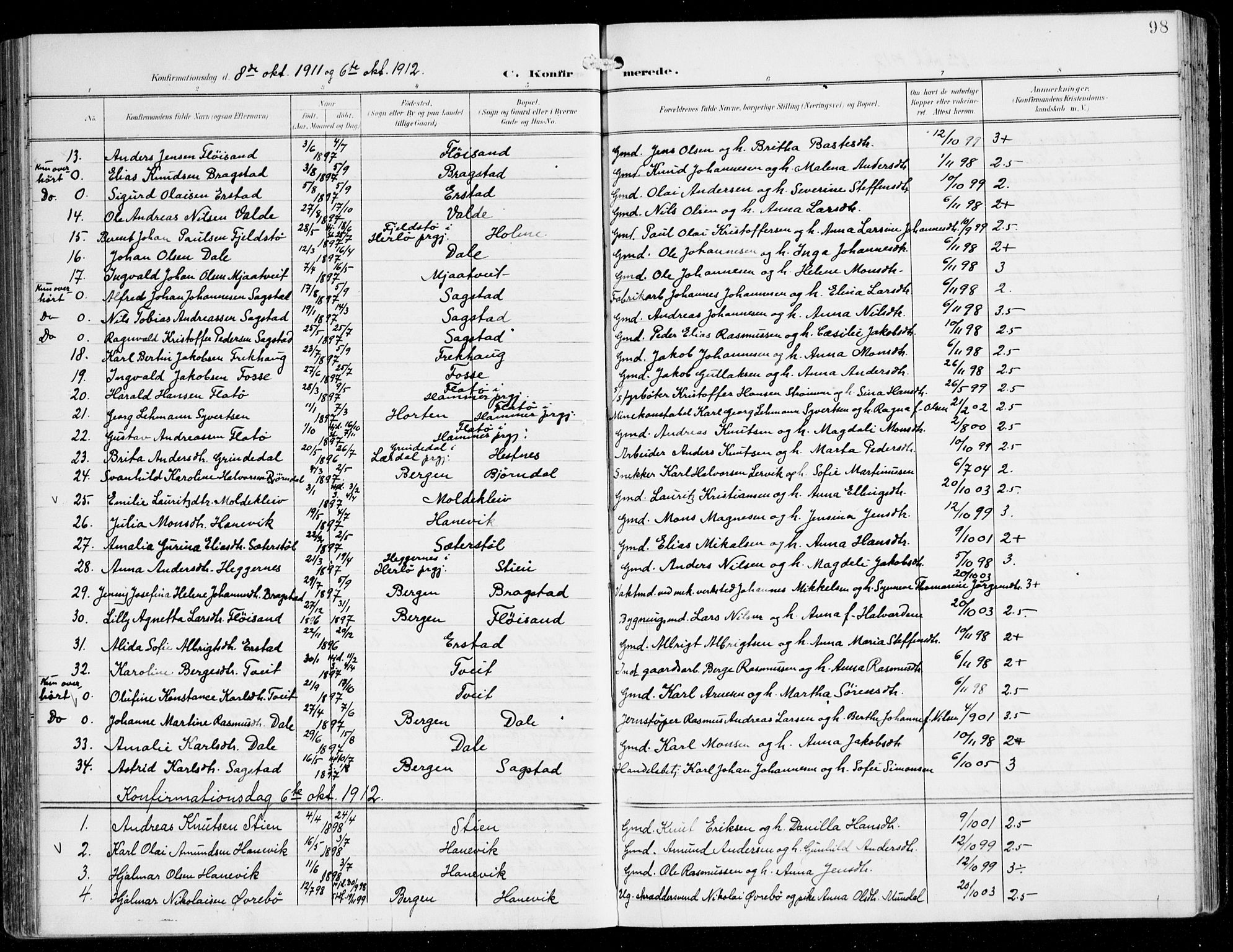 Alversund Sokneprestembete, AV/SAB-A-73901/H/Ha/Haa/Haac/L0002: Parish register (official) no. C 2, 1901-1921, p. 98