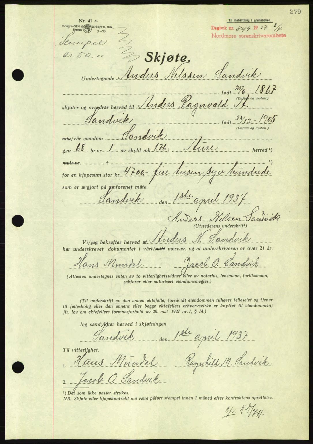 Nordmøre sorenskriveri, AV/SAT-A-4132/1/2/2Ca: Mortgage book no. A81, 1937-1937, Diary no: : 849/1937