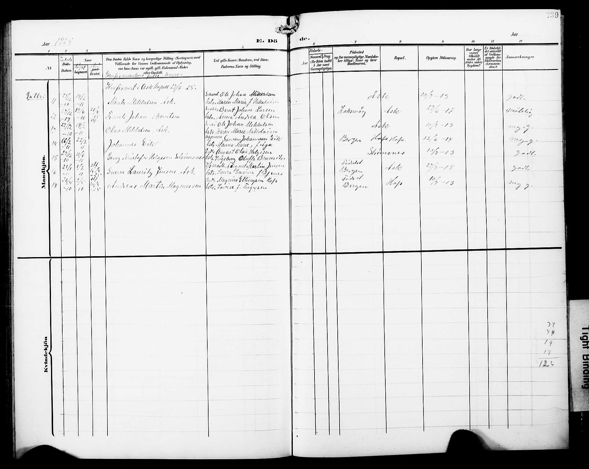 Askøy Sokneprestembete, AV/SAB-A-74101/H/Ha/Hab/Haba/L0014: Parish register (copy) no. A 14, 1904-1927, p. 239