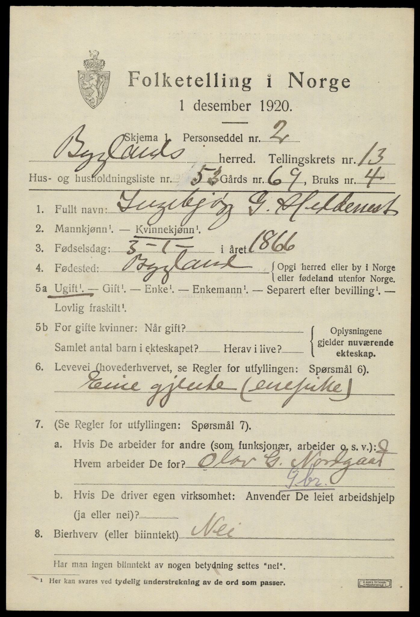 SAK, 1920 census for Bygland, 1920, p. 5907