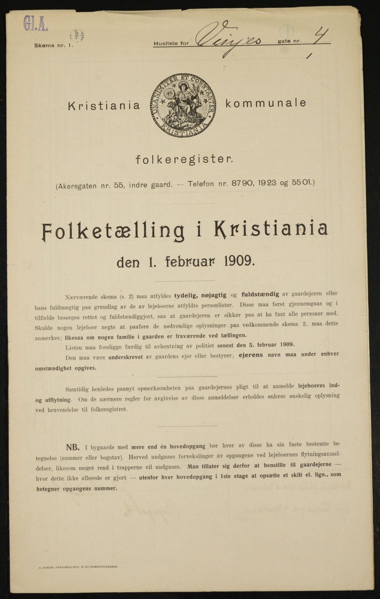 OBA, Municipal Census 1909 for Kristiania, 1909, p. 3116