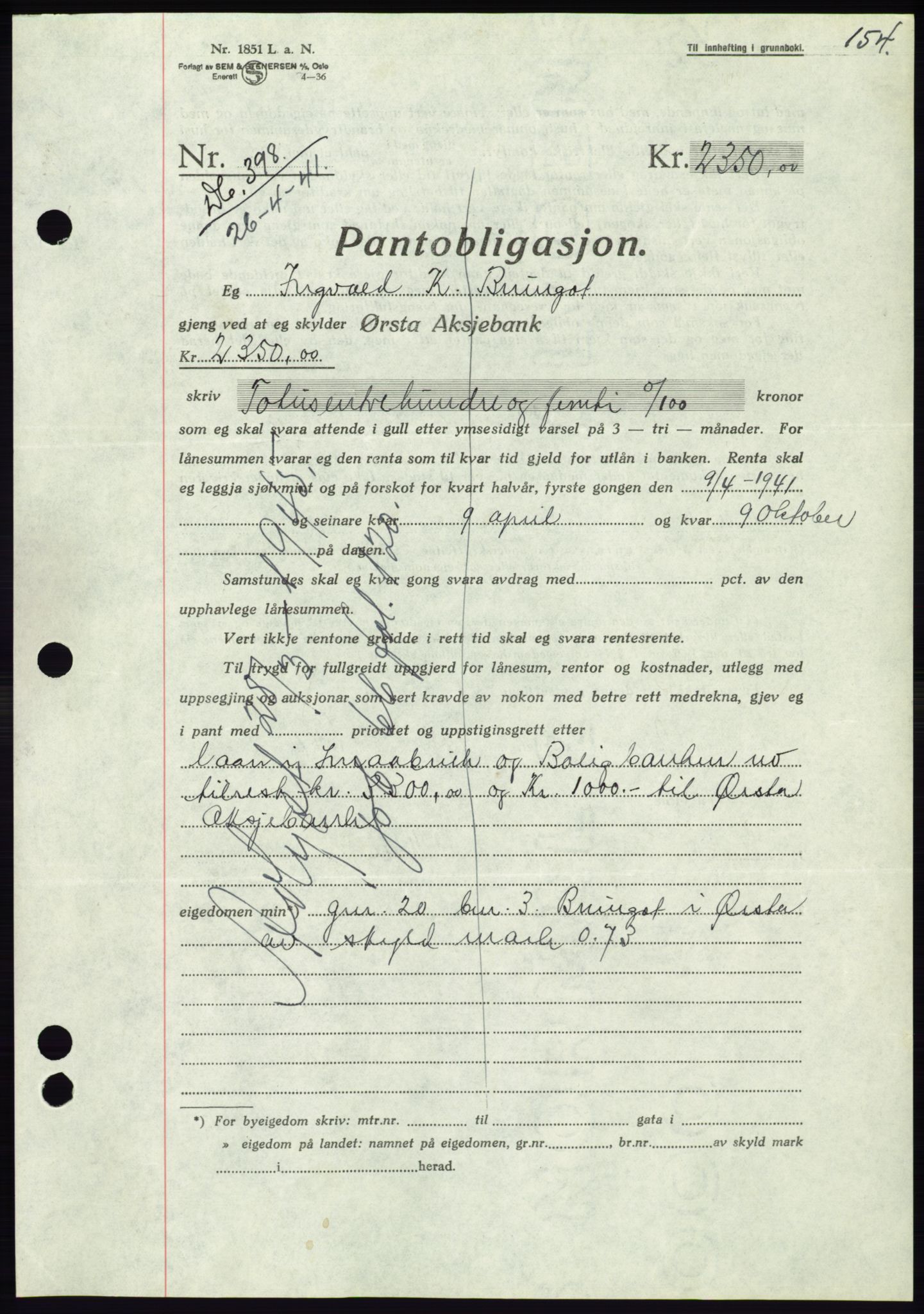 Søre Sunnmøre sorenskriveri, AV/SAT-A-4122/1/2/2C/L0071: Mortgage book no. 65, 1941-1941, Diary no: : 398/1941