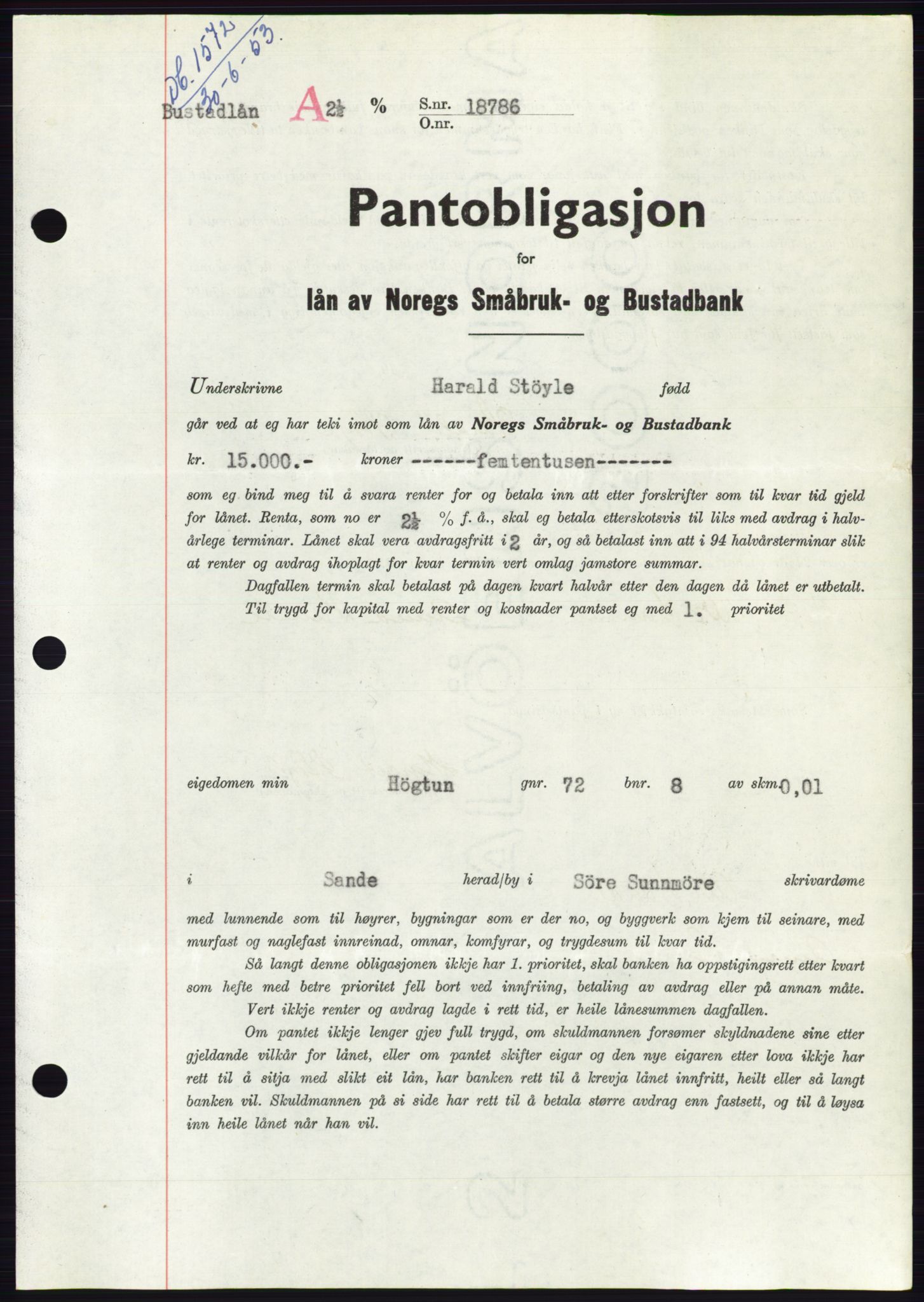 Søre Sunnmøre sorenskriveri, AV/SAT-A-4122/1/2/2C/L0123: Mortgage book no. 11B, 1953-1953, Diary no: : 1572/1953