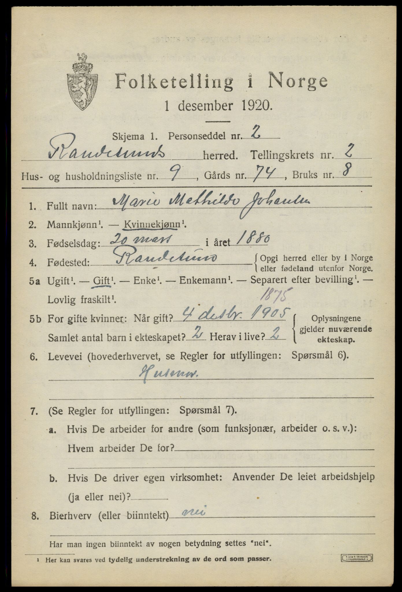 SAK, 1920 census for Randesund, 1920, p. 1164