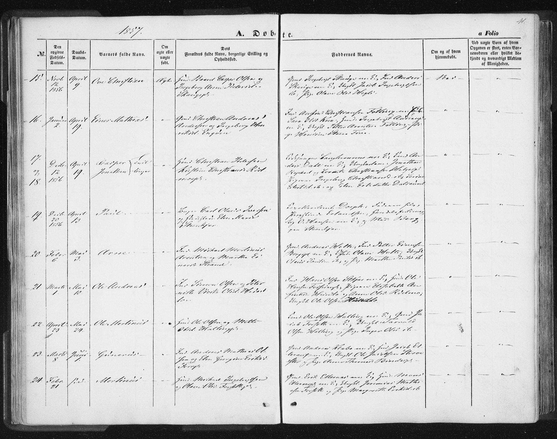 Ministerialprotokoller, klokkerbøker og fødselsregistre - Nord-Trøndelag, AV/SAT-A-1458/746/L0446: Parish register (official) no. 746A05, 1846-1859, p. 41