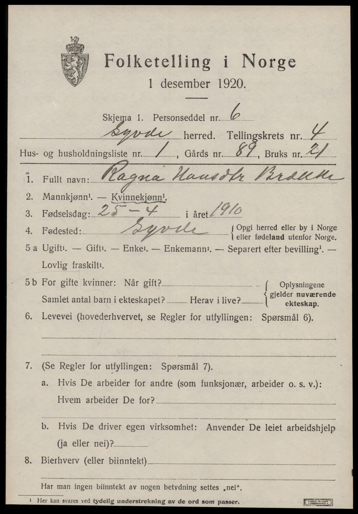 SAT, 1920 census for Syvde, 1920, p. 1352