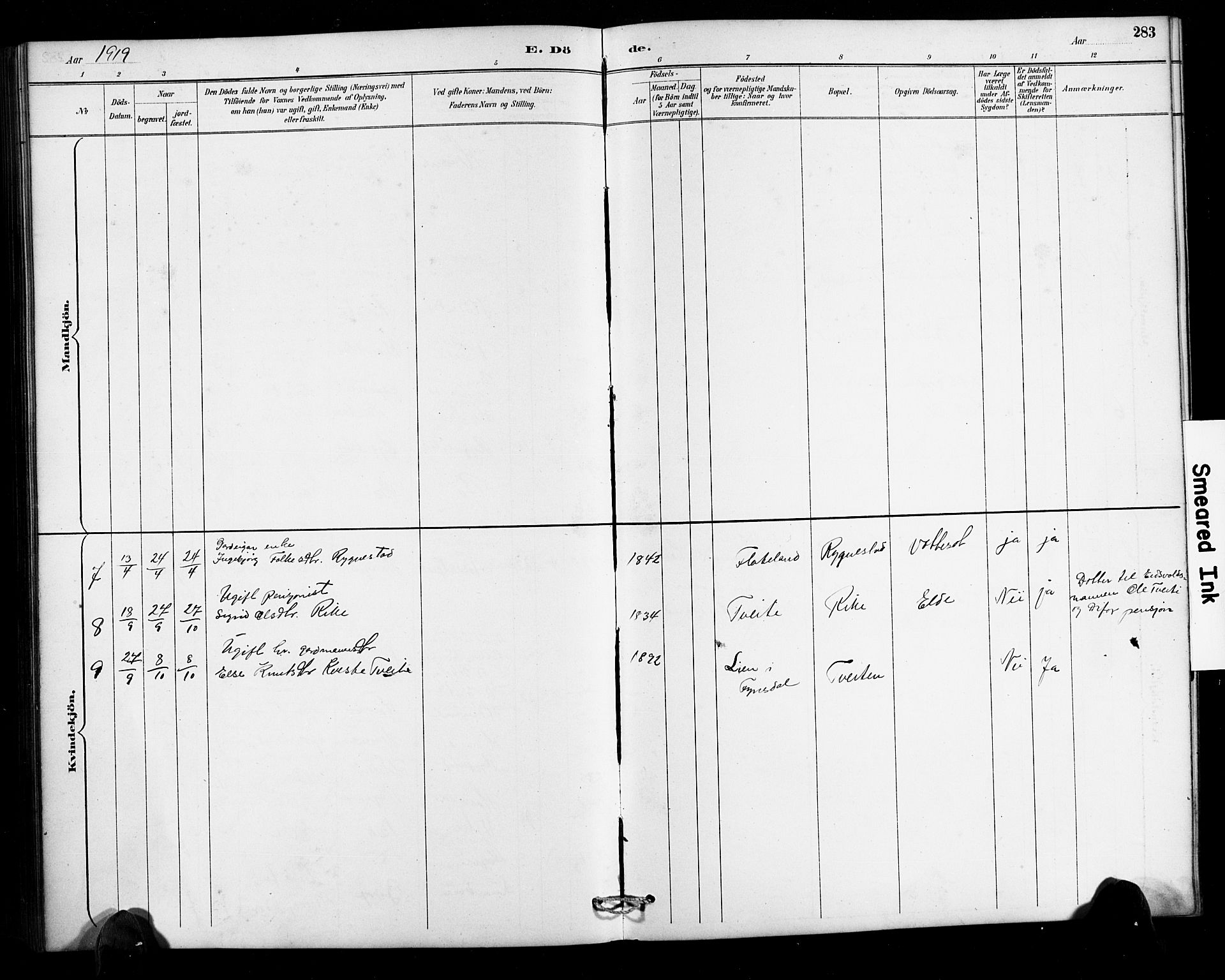 Valle sokneprestkontor, SAK/1111-0044/F/Fb/Fbc/L0004: Parish register (copy) no. B 4, 1890-1928, p. 283