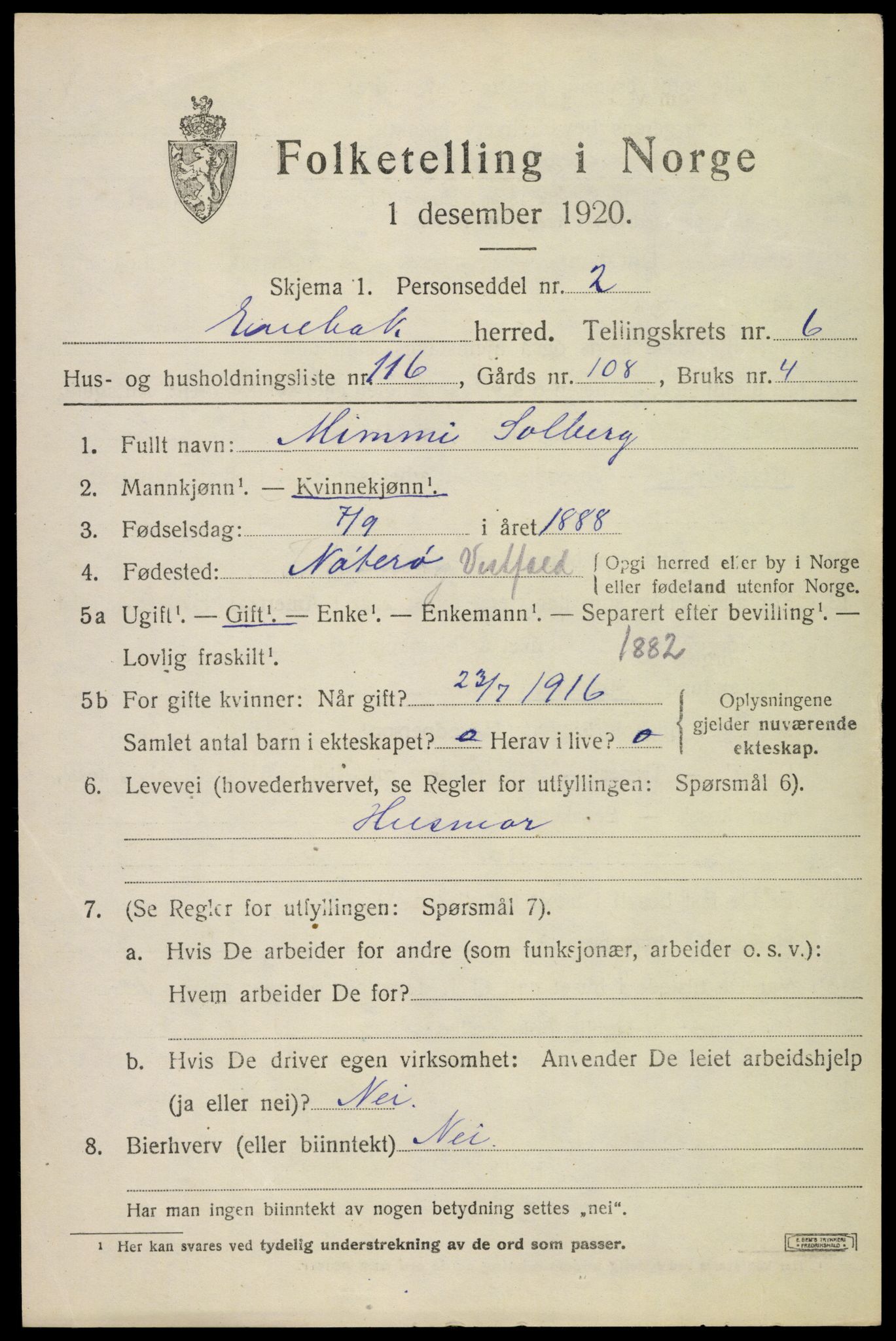 SAO, 1920 census for Enebakk, 1920, p. 6079