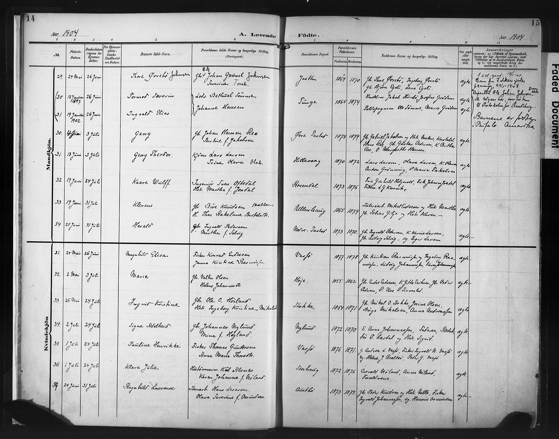 Hetland sokneprestkontor, SAST/A-101826/30/30BA/L0013: Parish register (official) no. A 13, 1904-1918, p. 14-15