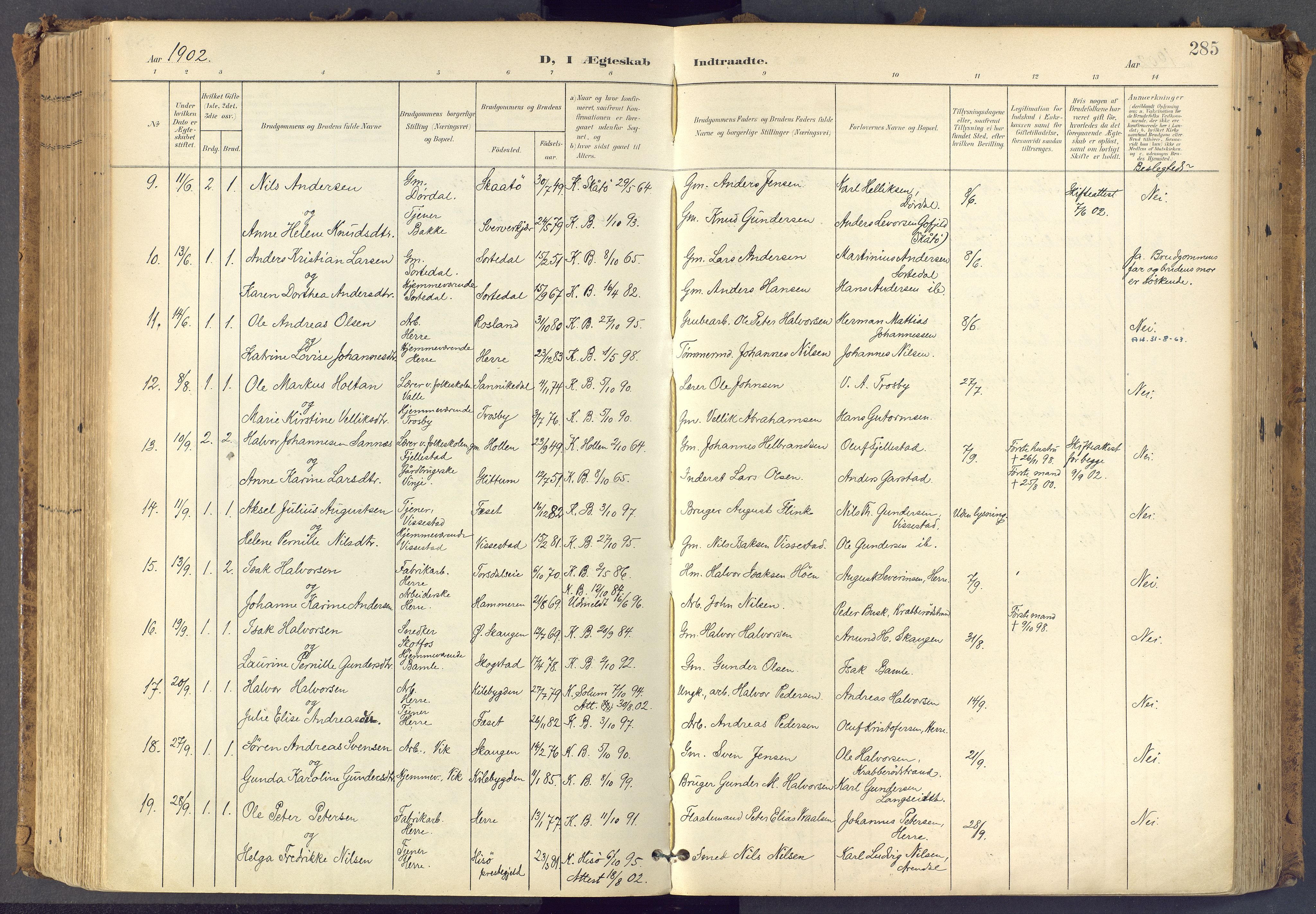 Bamble kirkebøker, SAKO/A-253/F/Fa/L0009: Parish register (official) no. I 9, 1901-1917, p. 285