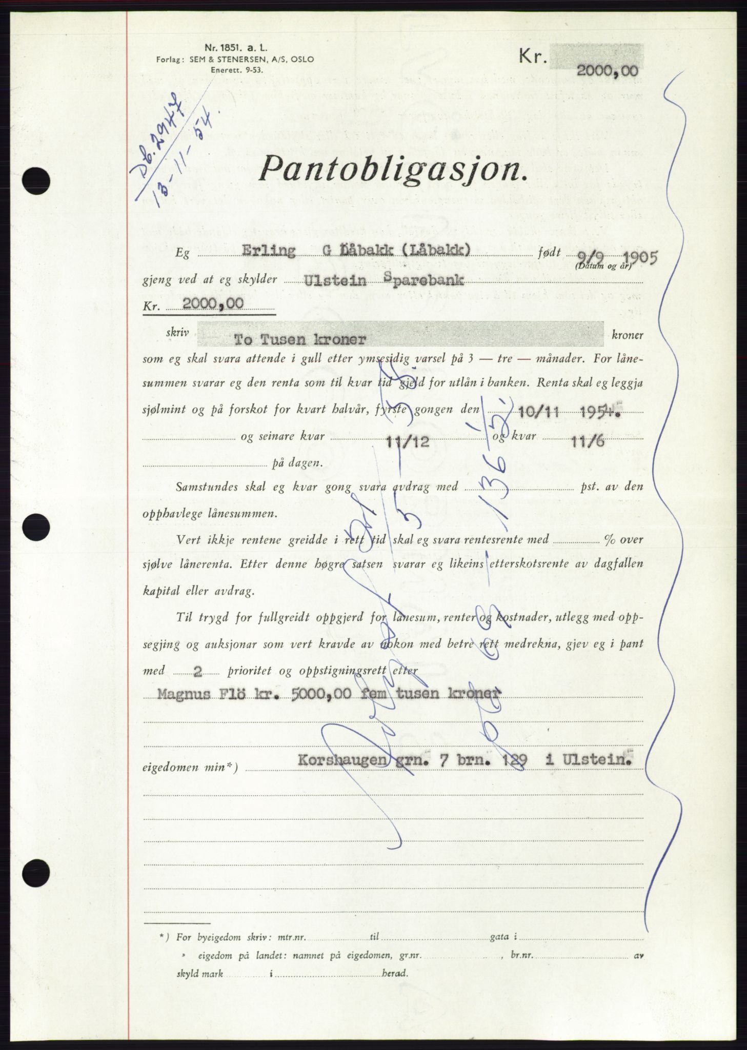 Søre Sunnmøre sorenskriveri, AV/SAT-A-4122/1/2/2C/L0126: Mortgage book no. 14B, 1954-1955, Diary no: : 2947/1954