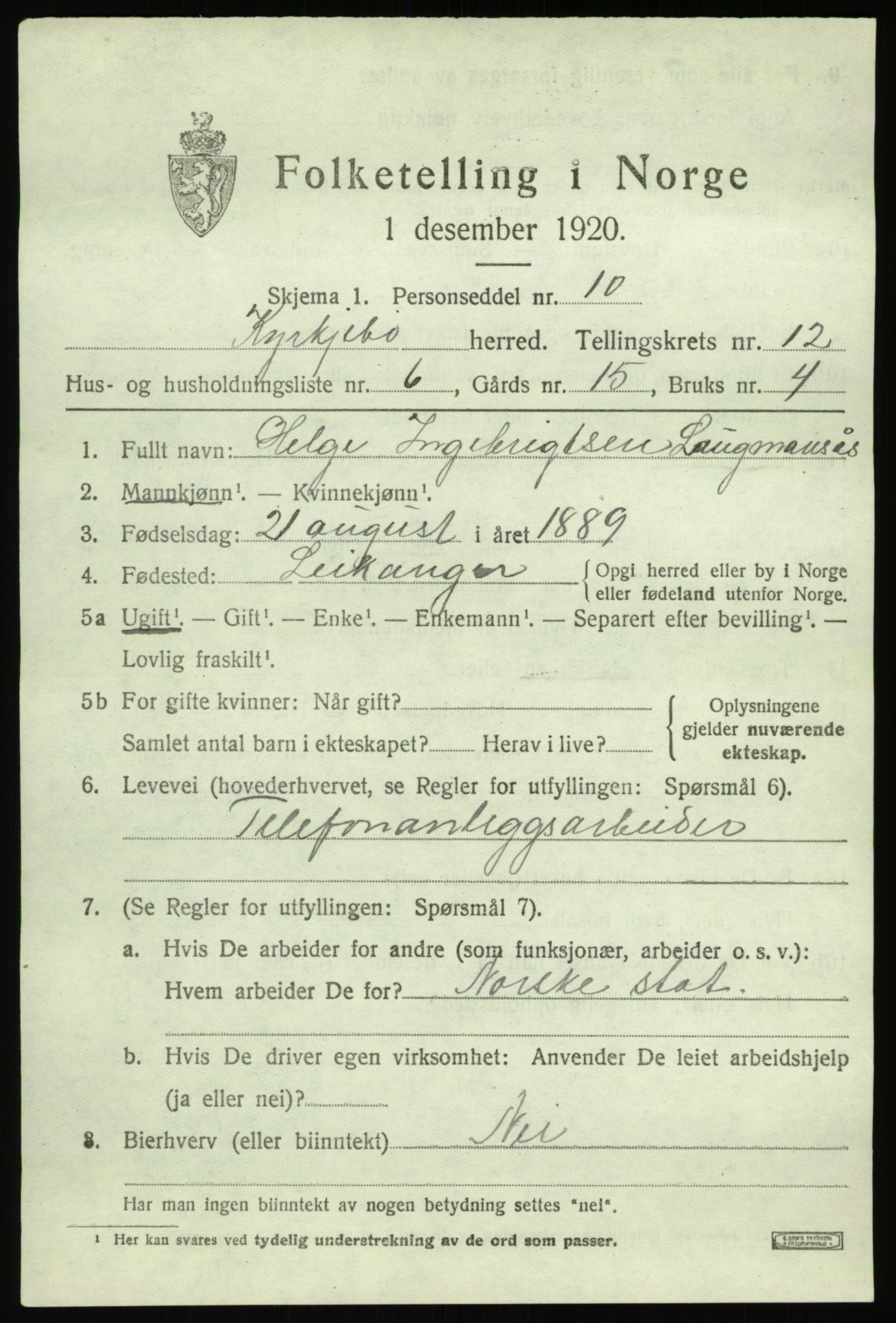 SAB, 1920 census for Kyrkjebø, 1920, p. 5969