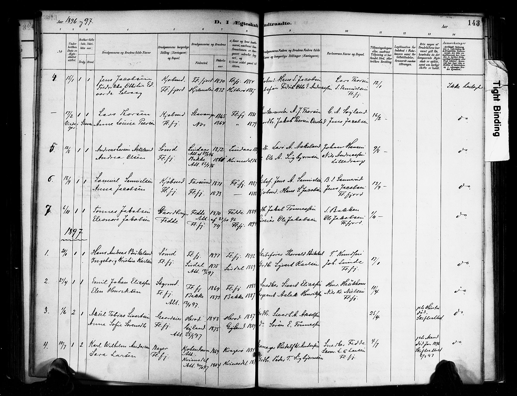 Flekkefjord sokneprestkontor, SAK/1111-0012/F/Fa/Faa/L0001: Parish register (official) no. A 1, 1885-1900, p. 143