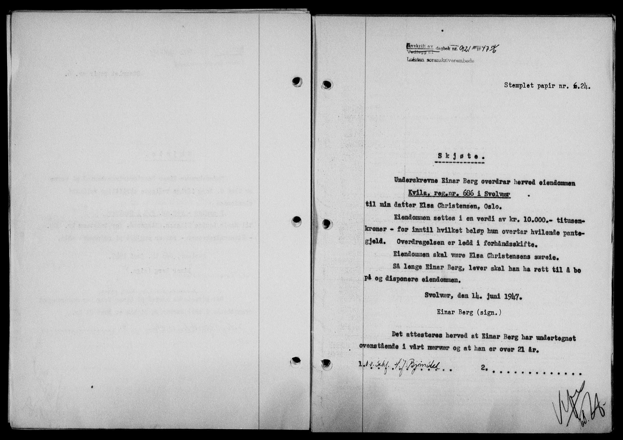 Lofoten sorenskriveri, SAT/A-0017/1/2/2C/L0016a: Mortgage book no. 16a, 1947-1947, Diary no: : 921/1947
